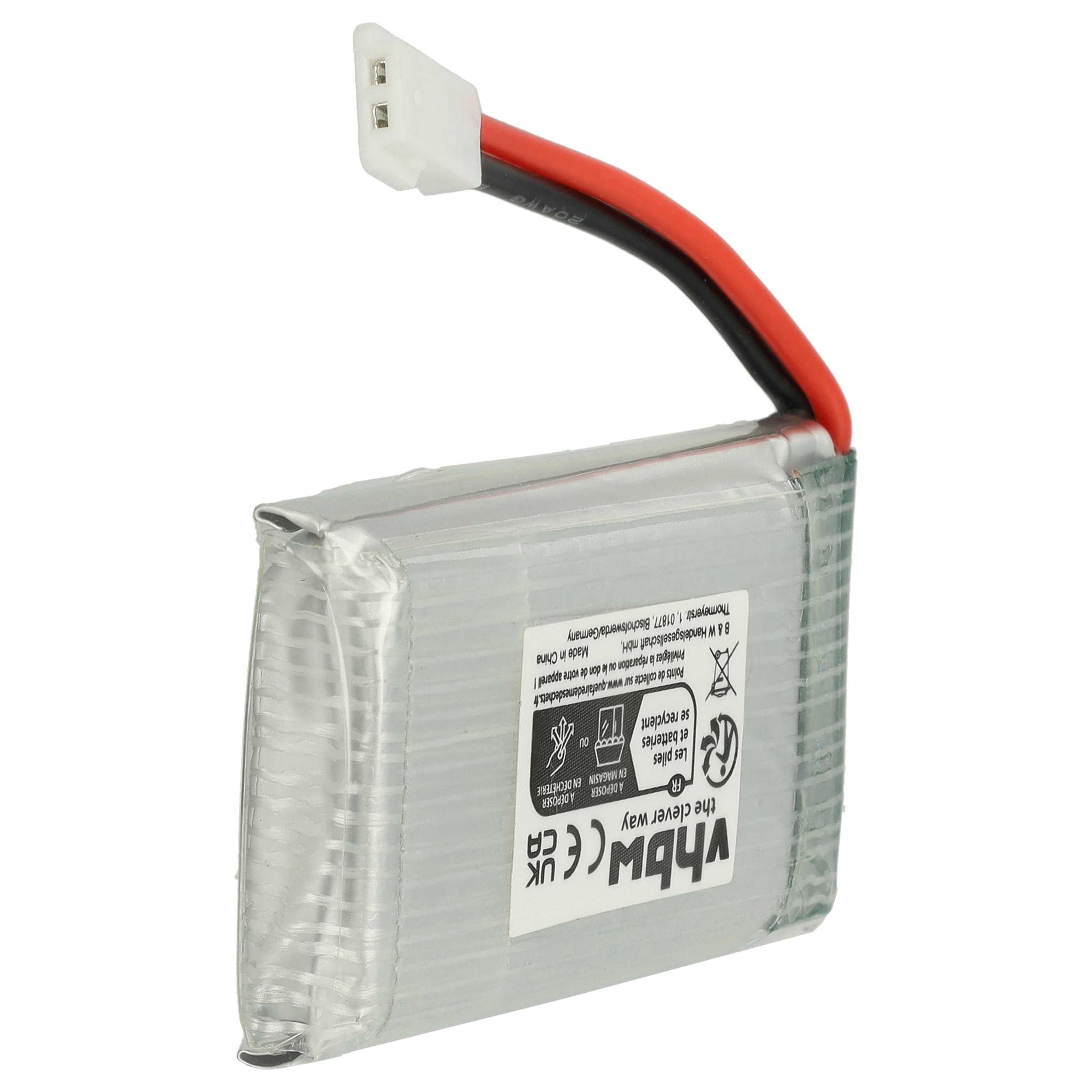 Ein Akku-Pack mit roten und schwarzen Drähten und einem weißen Stecker. Es hat ein Etikett mit Recycling-Informationen.