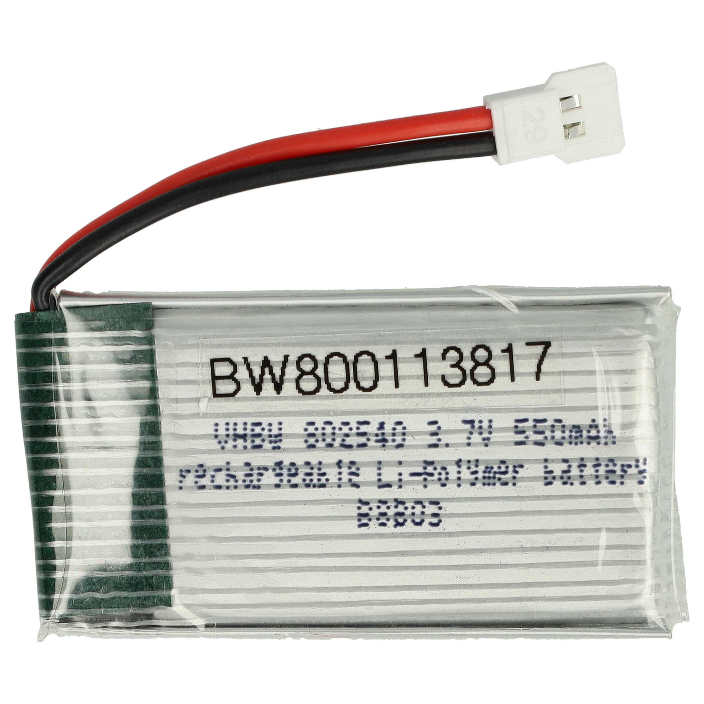Ein kleiner rechteckiger Akku mit schwarzen und roten Drähten, einem weißen Stecker und Text wie 'BW800113817'.