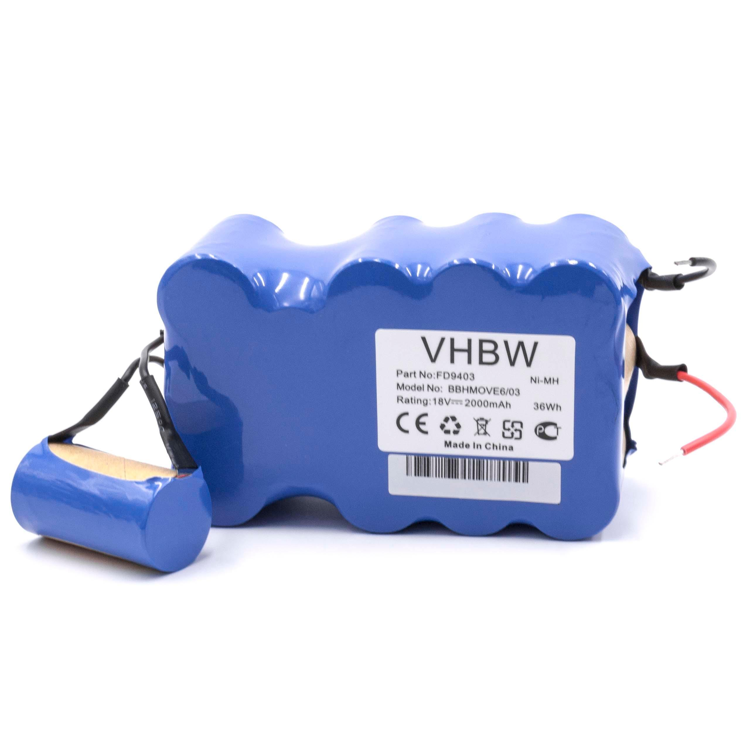Blauer VHBW-Akkupack. Er hat ein Etikett mit Spezifikationen. Eine kleinere blaue Batterie ist angebracht. Drähte sind sichtbar.