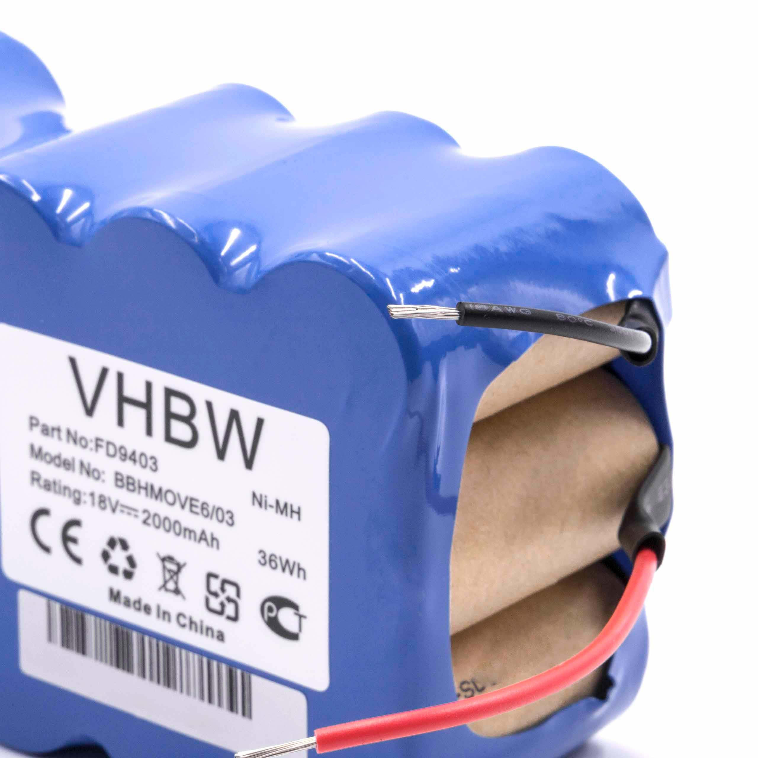 Ein blaues VHBW-Batteriepack mit schwarzen und roten Drähten. Es hat ein Etikett mit Spezifikationen und einen Barcode.