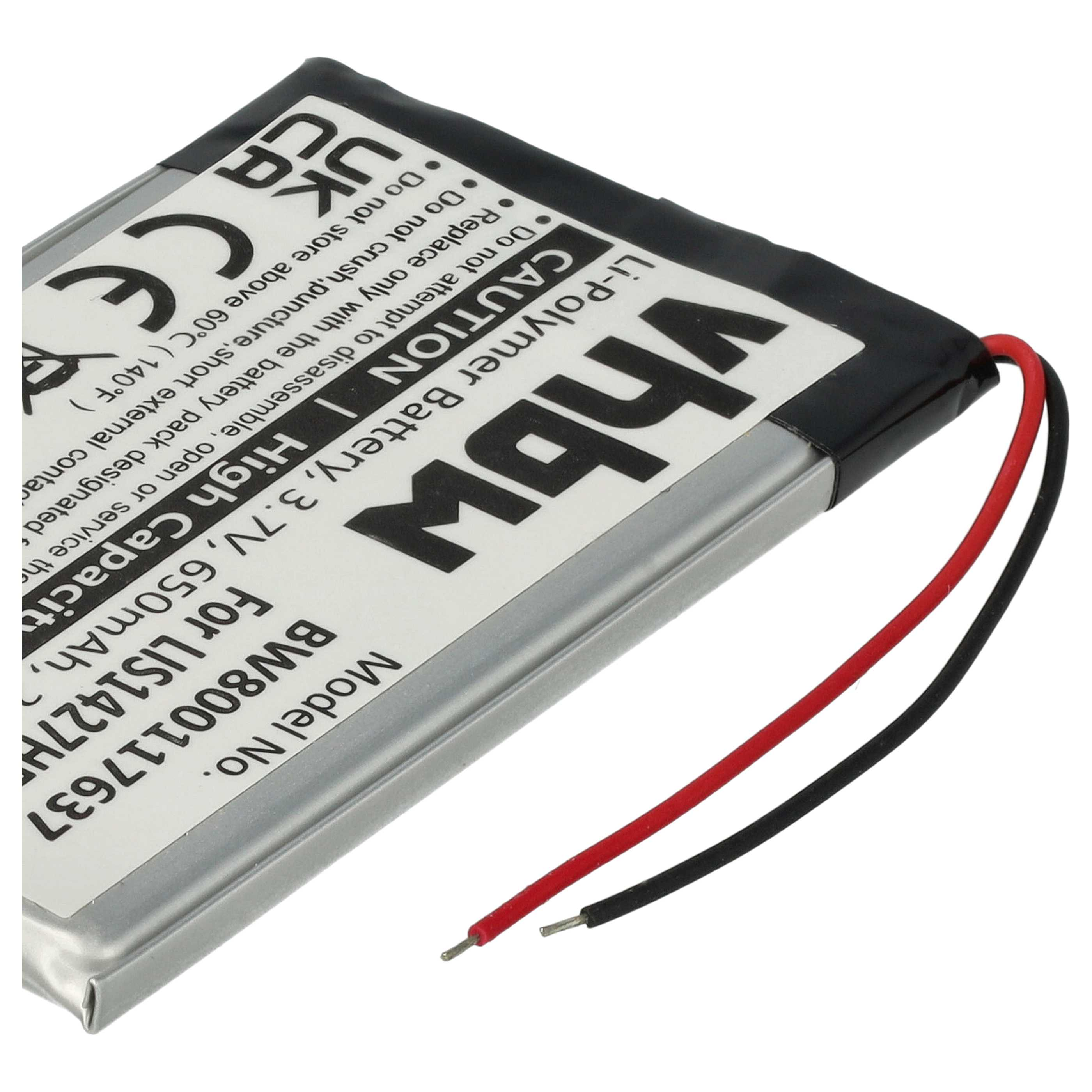 Ein rechteckiger Akku mit schwarzer Oberseite, weißem Etikett und roten und schwarzen Drähten. Text enthält Modell, Spannung und Vorsicht.