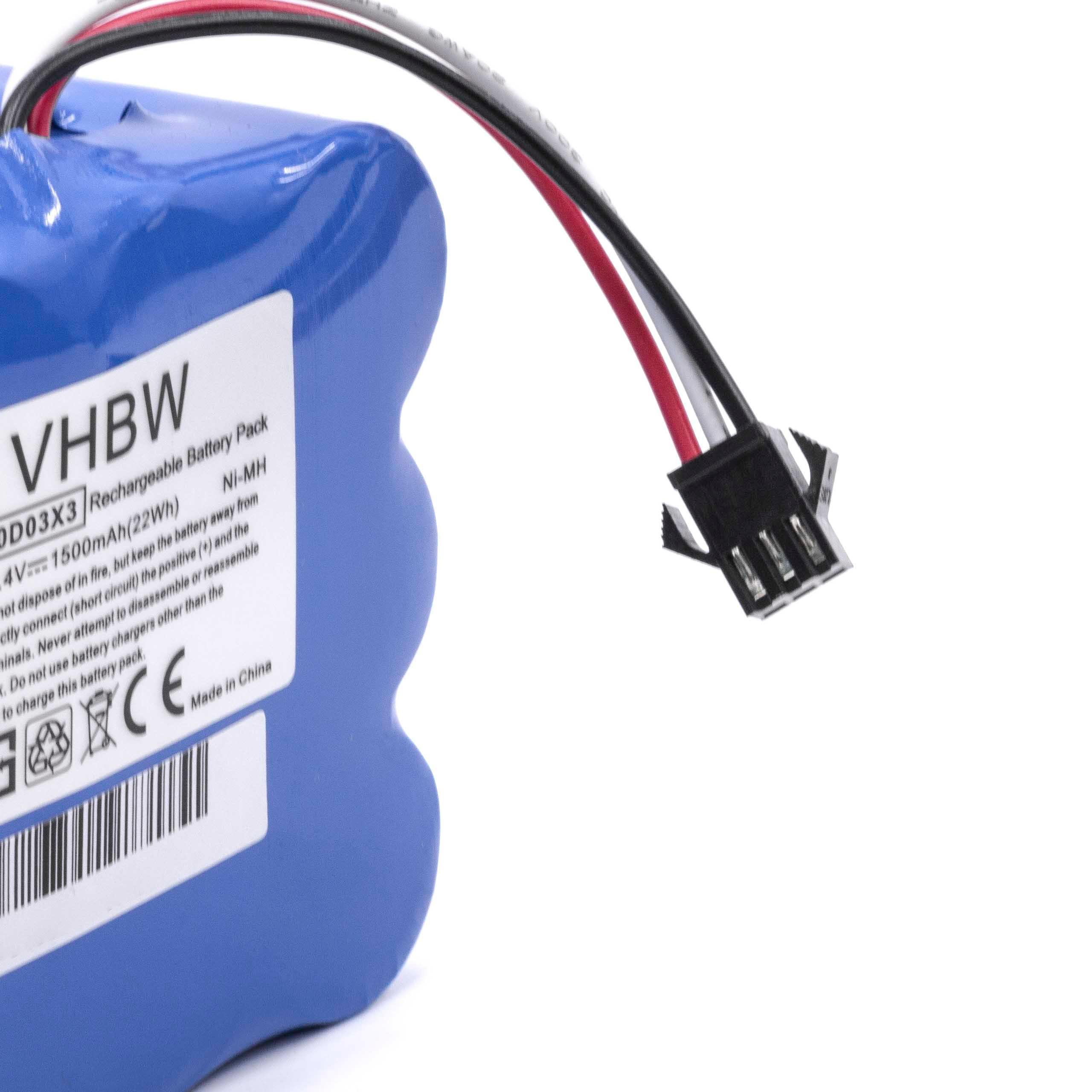 Blauer Akku mit Stecker, weißes Etikett mit Text. Drähte sind schwarz, rot und weiß. Der Hintergrund ist weiß.