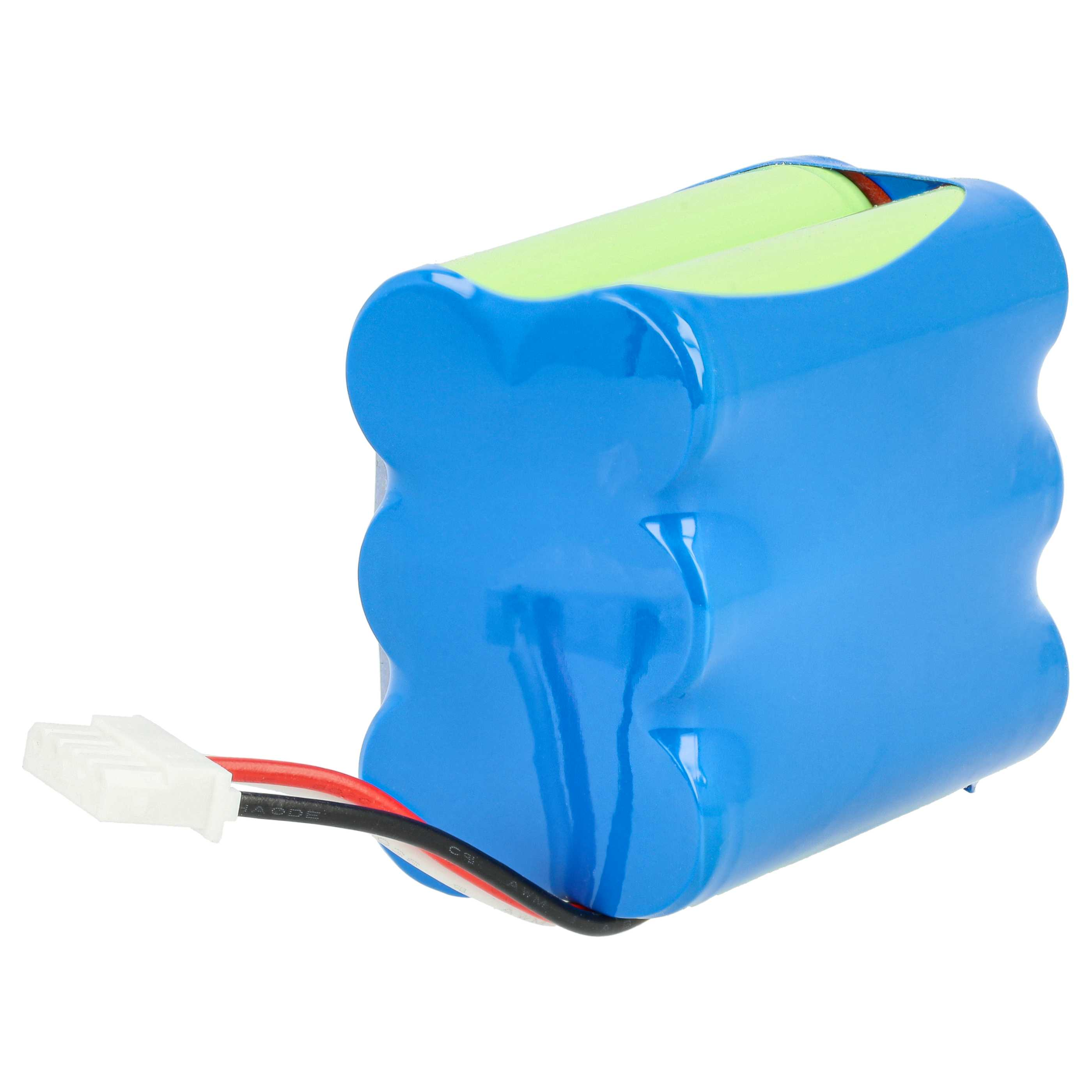 Ein blaues Akkupack mit grünem Deckel und weißem Stecker. Drähte gehen vom Stecker aus.