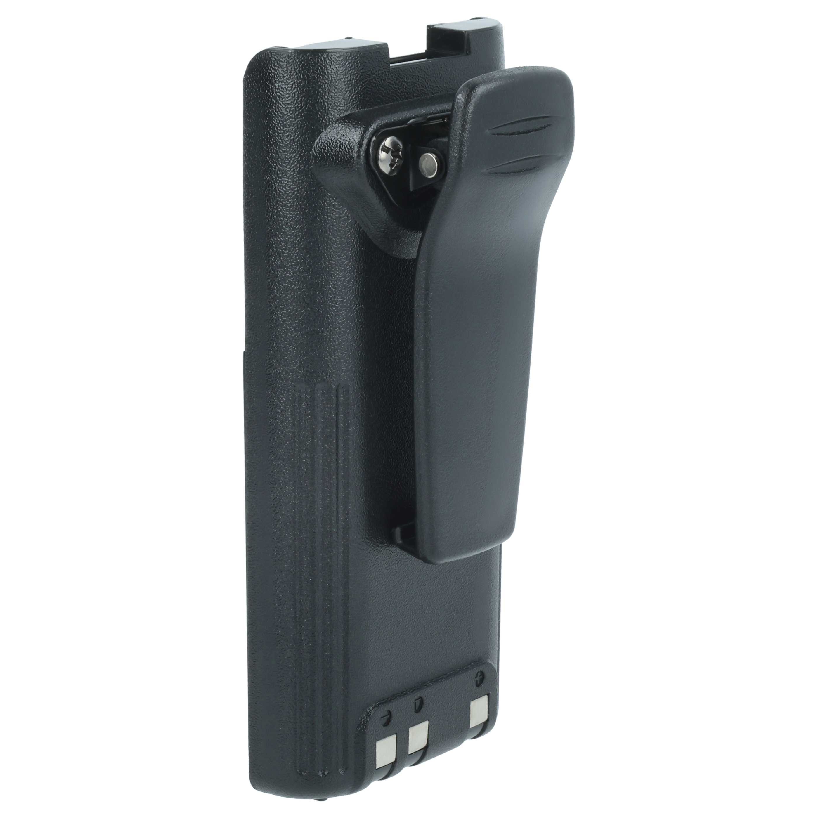 Ein schwarzer Walkie-Talkie-Akkupack mit Gürtelclip auf weißem Hintergrund. Der Clip befindet sich rechts.