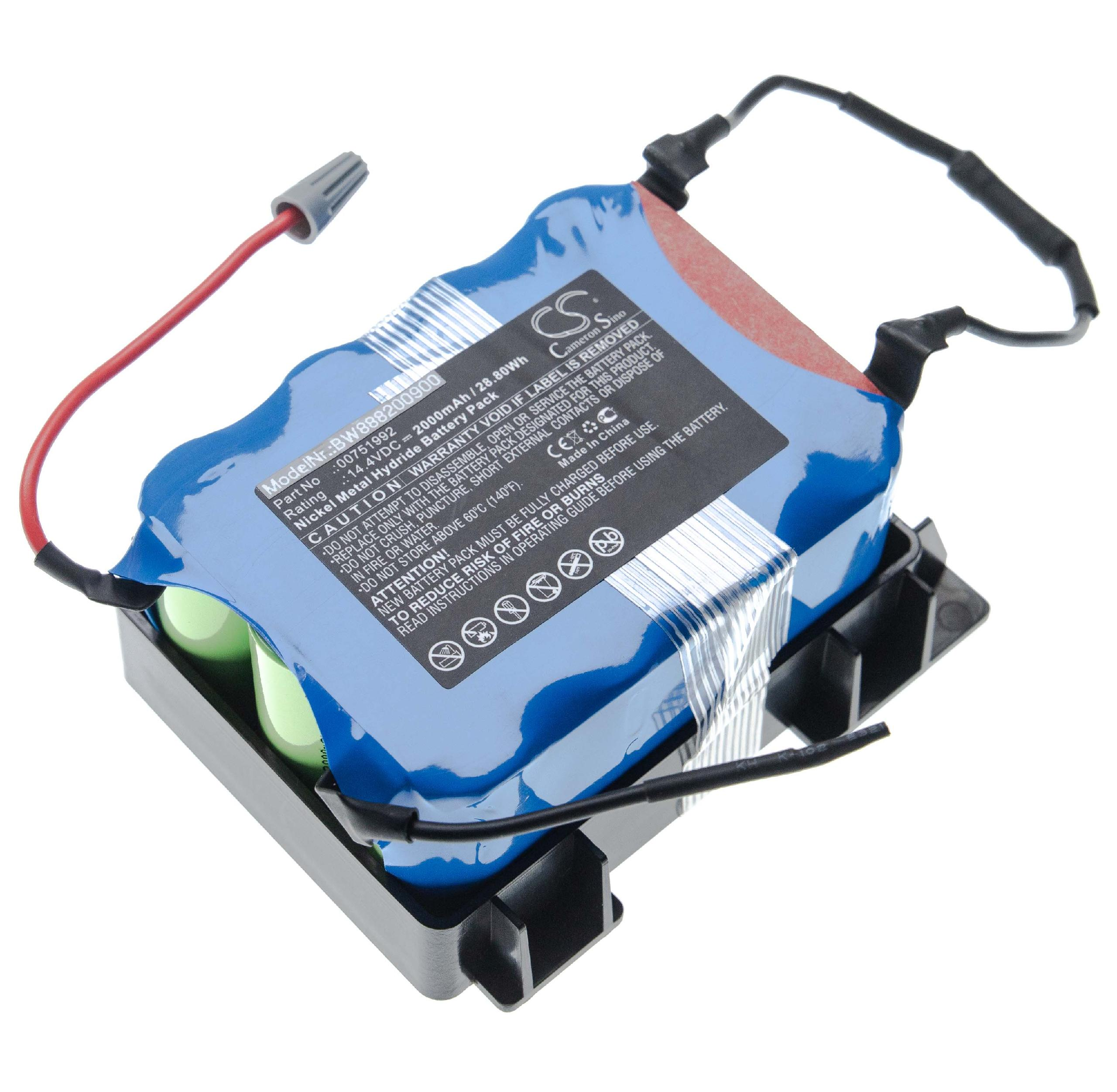Ein blaues Batteriepack mit schwarzer Verkabelung steht auf einer schwarzen Kunststoffbasis. Textetiketten sind sichtbar.