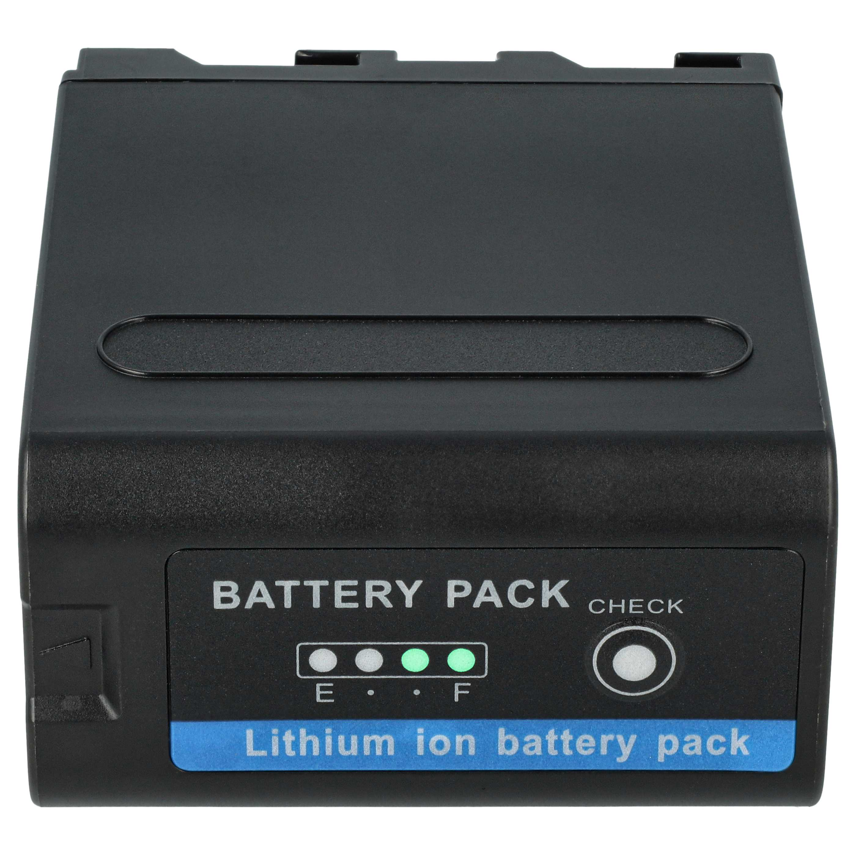 Schwarzes Lithium-Ionen-Akkupack mit Statusanzeigen. Text: Battery Pack, Check. Blaues Etikett: Lithium-Ionen-Akkupack.
