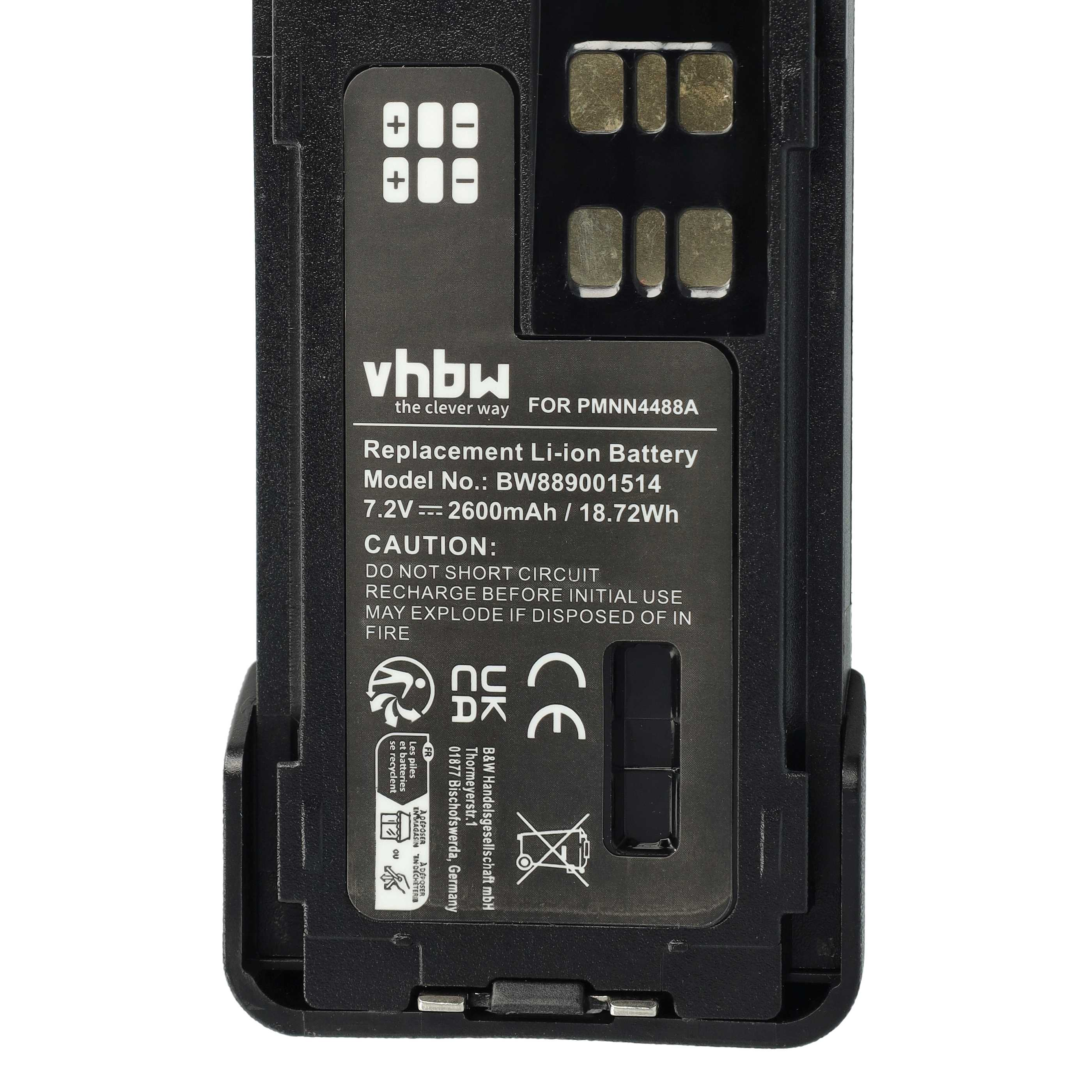 Schwarzer Akku mit weißem Text. Es hat '+' und '-' Tasten. Text beinhaltet 'vhbw', 'Li-ion Battery' und Warnhinweise.
