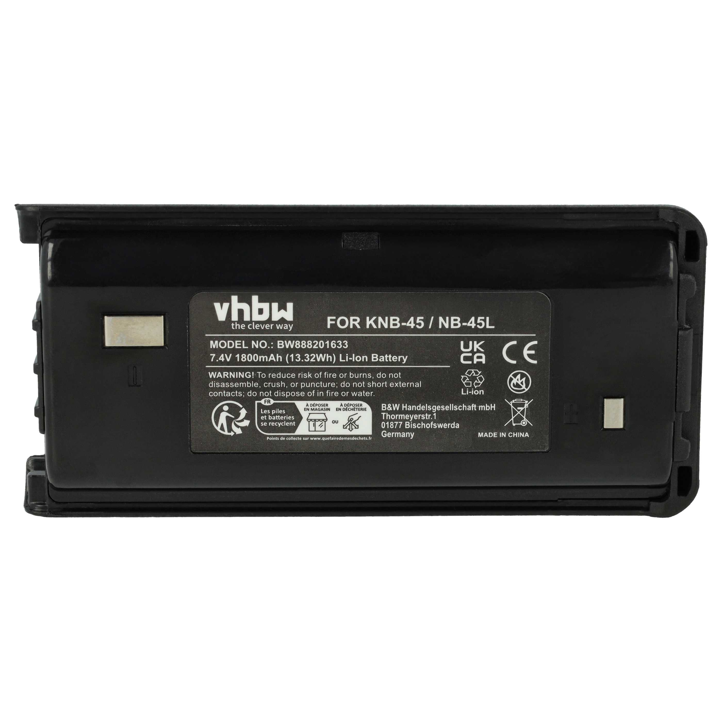 Schwarzer Akku mit weißem Text. Der Text enthält 'FOR KNB-45 / NB-45L' und '7,4V 1800mAh'. Logos und Warnhinweise sind ebenfalls vorhanden.