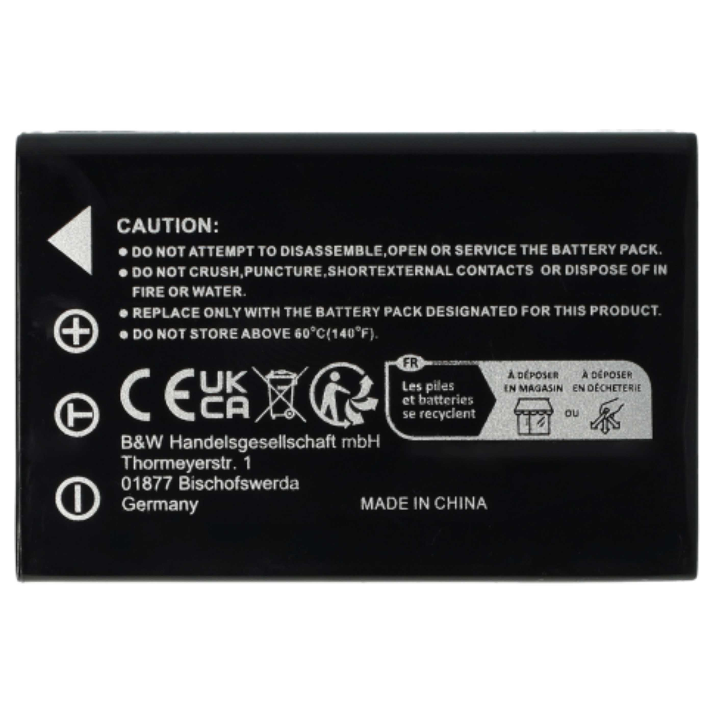 Schwarzes Akkupack mit weißem Text. Es enthält Warnhinweise, Recyclingsymbole und den Hinweis 'Made in China'.