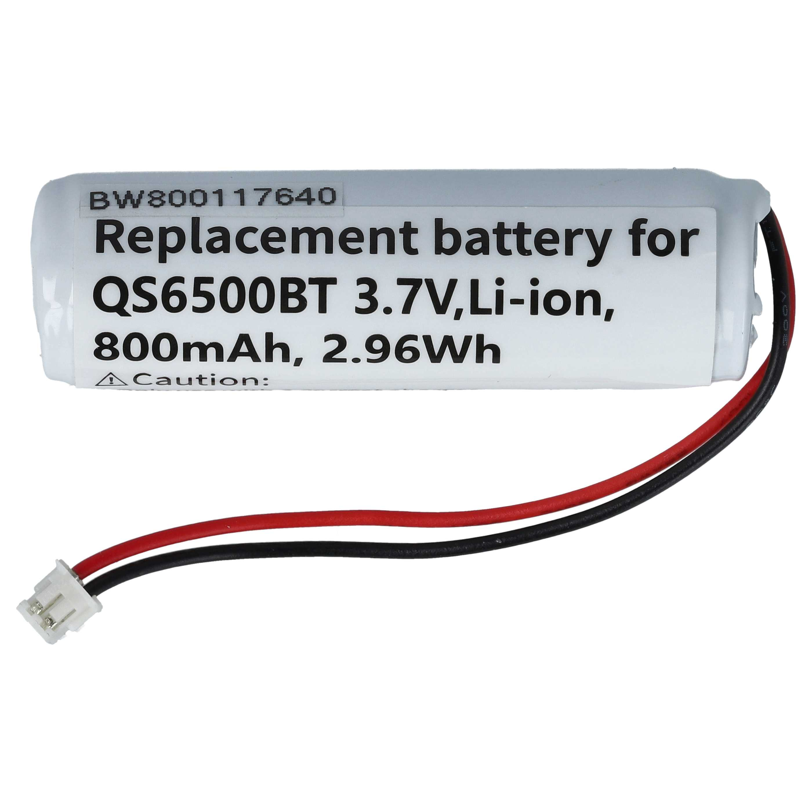 Ein weißer Ersatzakku mit schwarzen und roten Drähten. Auf dem Akku steht: 3,7 V Li-Ion, 800 mAh.
