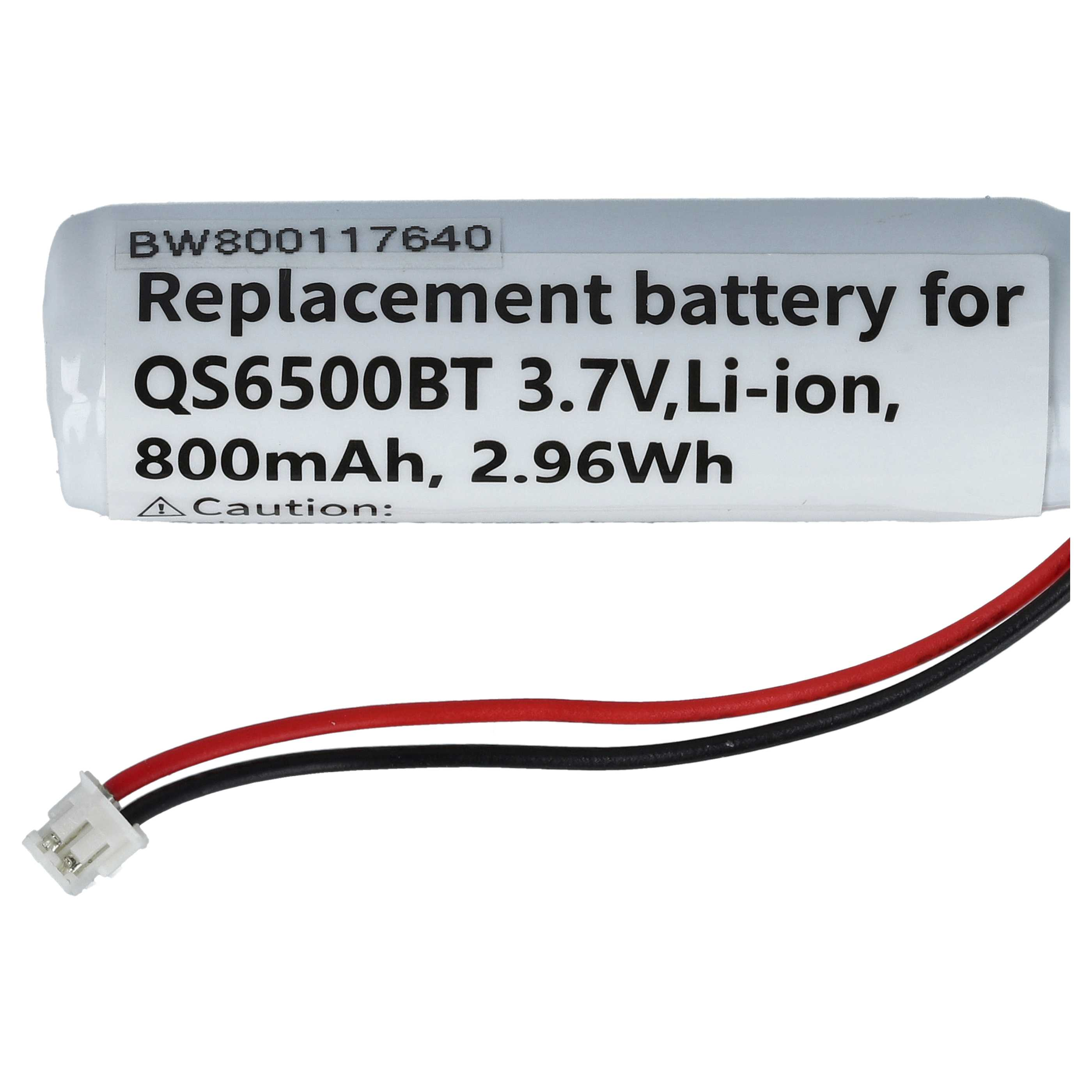 Ein Akku mit weißem Etikett. Der Text lautet: 'Ersatzbatterie für QS6500BT 3,7V, Li-Ion, 800mAh, 2,96Wh'. Drähte befestigt.