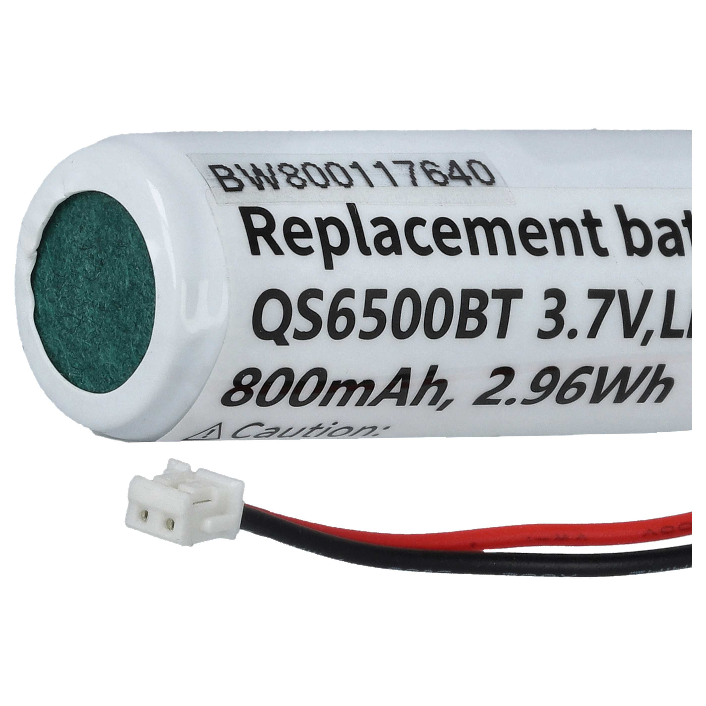 Eine zylindrische Batterie mit weißem Gehäuse, grünem Innenraum und schwarzen/roten Drähten. Text: Ersatzbatterie, QS6500BT 3,7 V, 800 mAh.