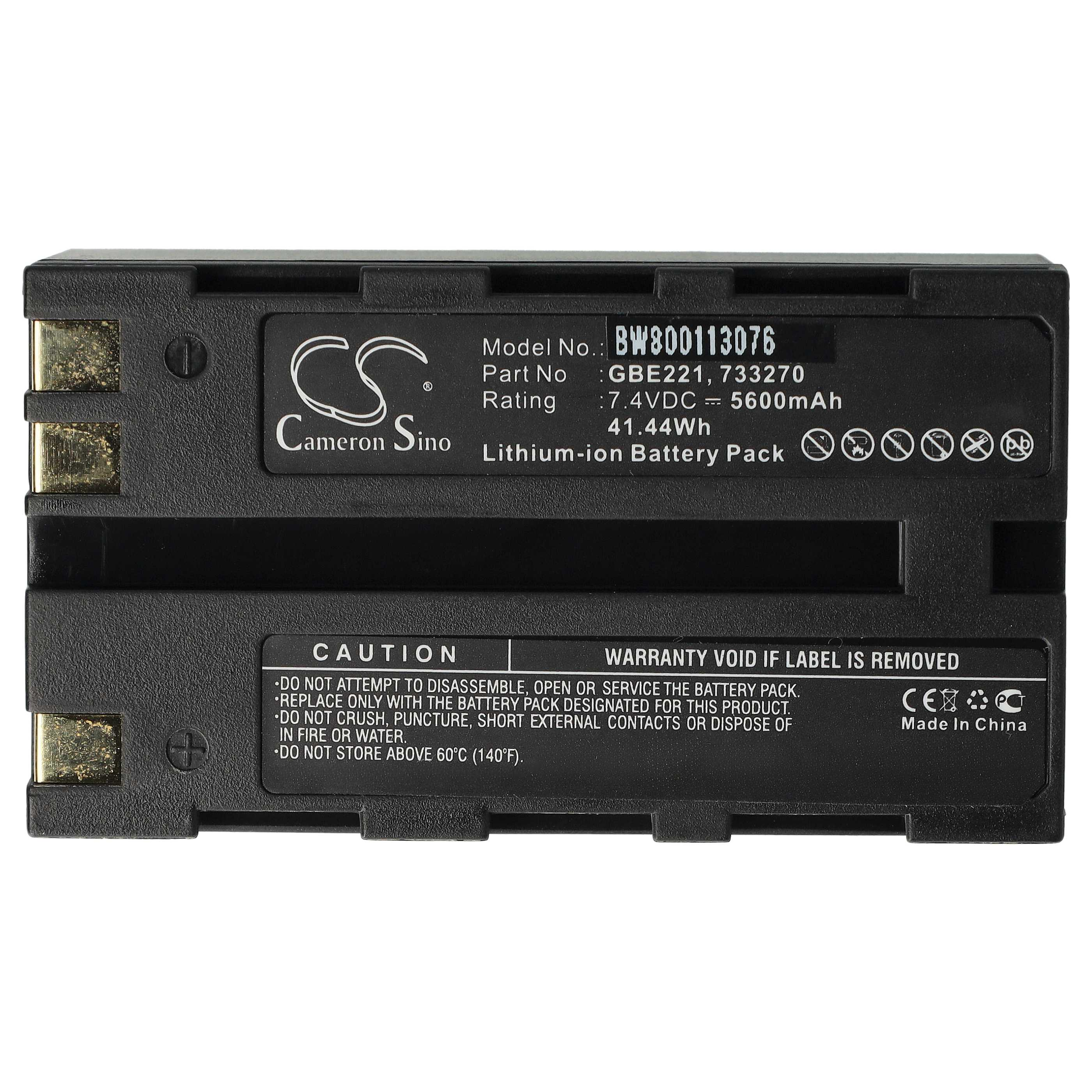 Ein schwarzes Akku-Pack mit Text, Warnhinweisen und Symbolen. Modell BW800113076, 7,4 VDC, 5600 mAh. Hergestellt in China.