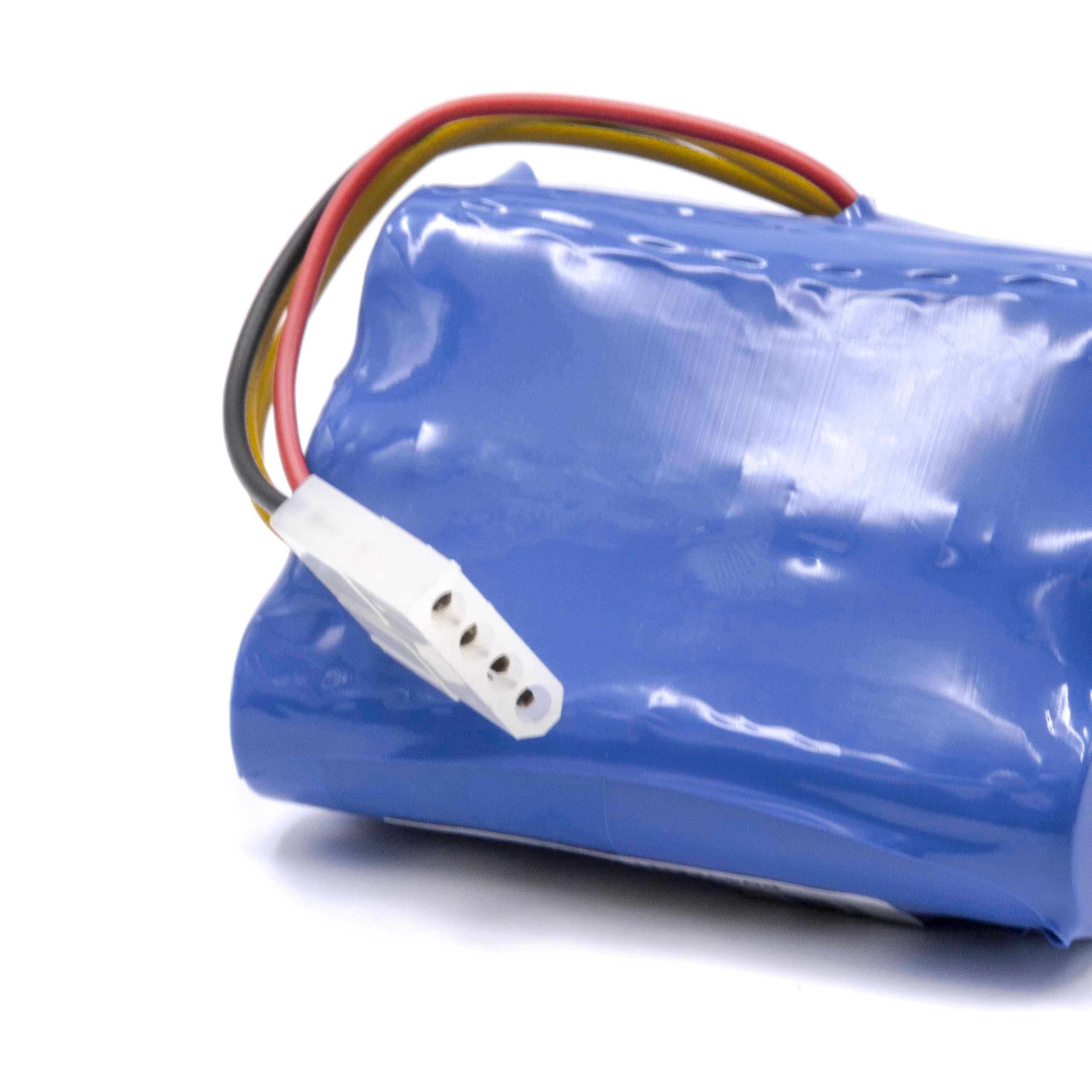 Ein blaues Batteriepack mit schwarzen, roten und gelben Drähten, die mit einem weißen Stecker verbunden sind. Weißer Hintergrund.