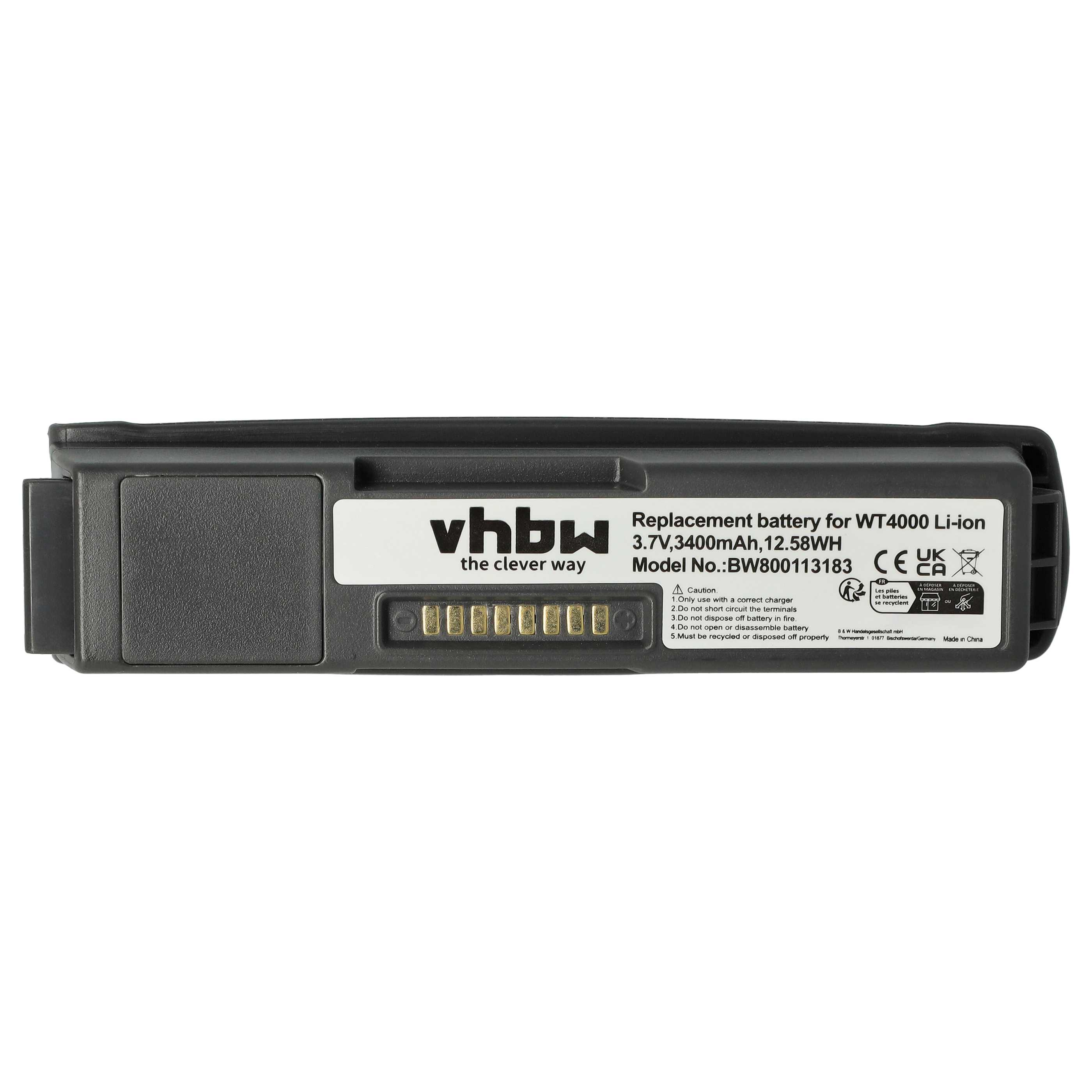 Ein schwarzer Akku mit weißer Schrift. Er trägt die Aufschrift 'vhbw' und 'Replacement battery'.