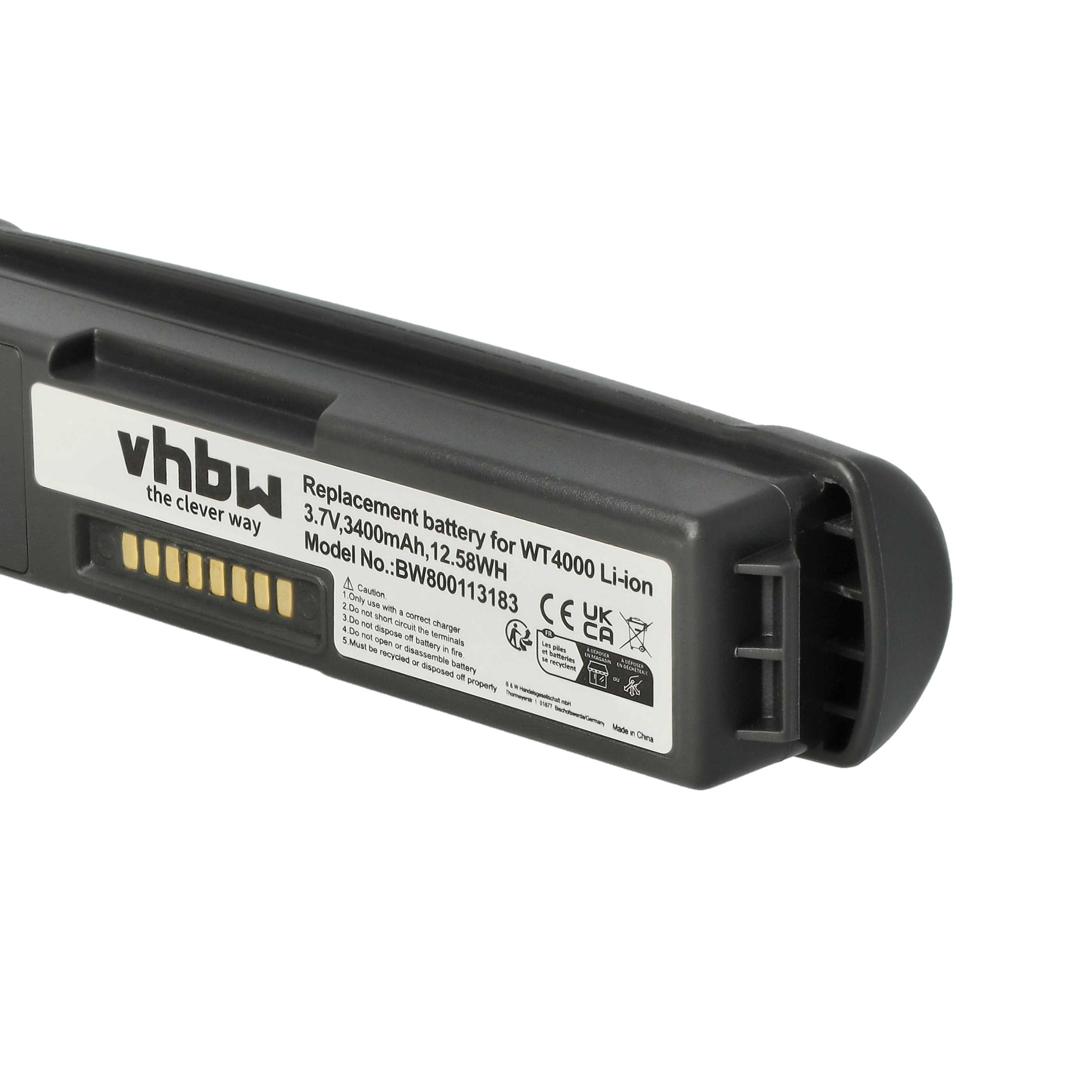 Ein schwarzer Akku mit weißem Text. Er trägt die Aufschrift vhbw und Ersatzbatterie. Er hat ein Vorsichtsetikett und Recycling-Symbole.