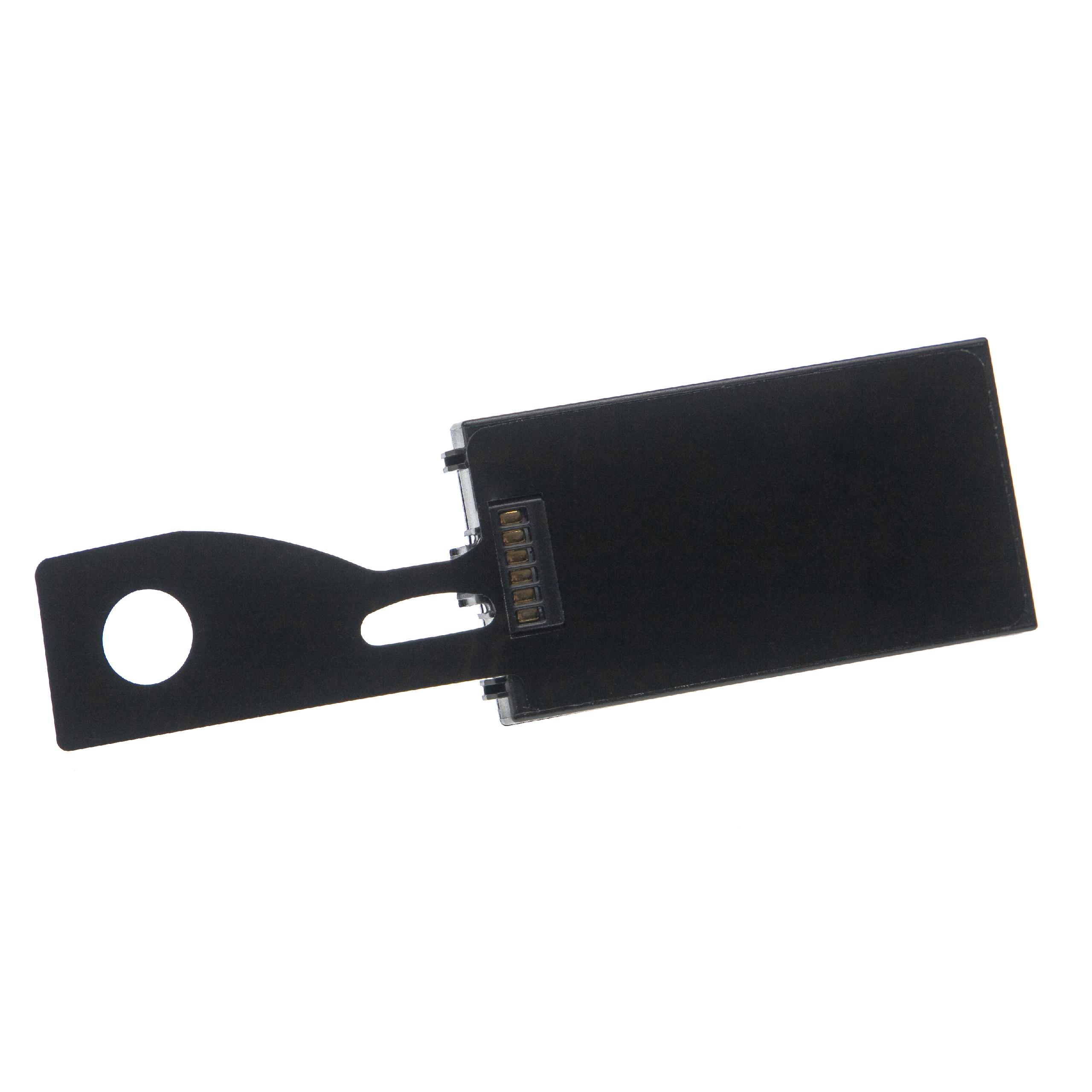 Eine schwarze elektronische Komponente auf weißem Grund. Sie hat einen rechteckigen Abschnitt mit einem Stecker und einem runden Loch.