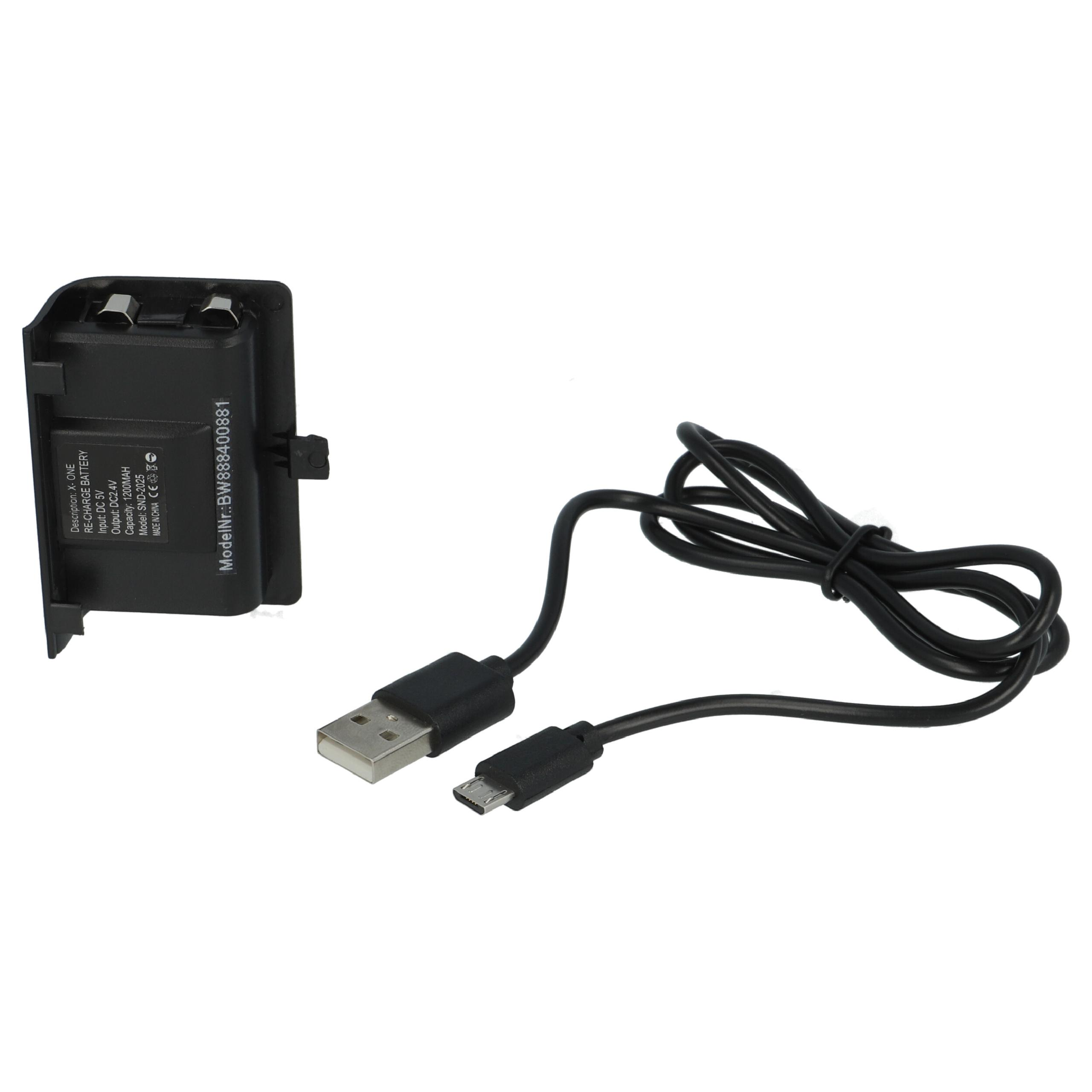 Schwarzer Akku mit Ladekabel, USB- und Micro-USB-Anschlüssen. Der Akku hat Text mit Modell- und Ladeinformationen.