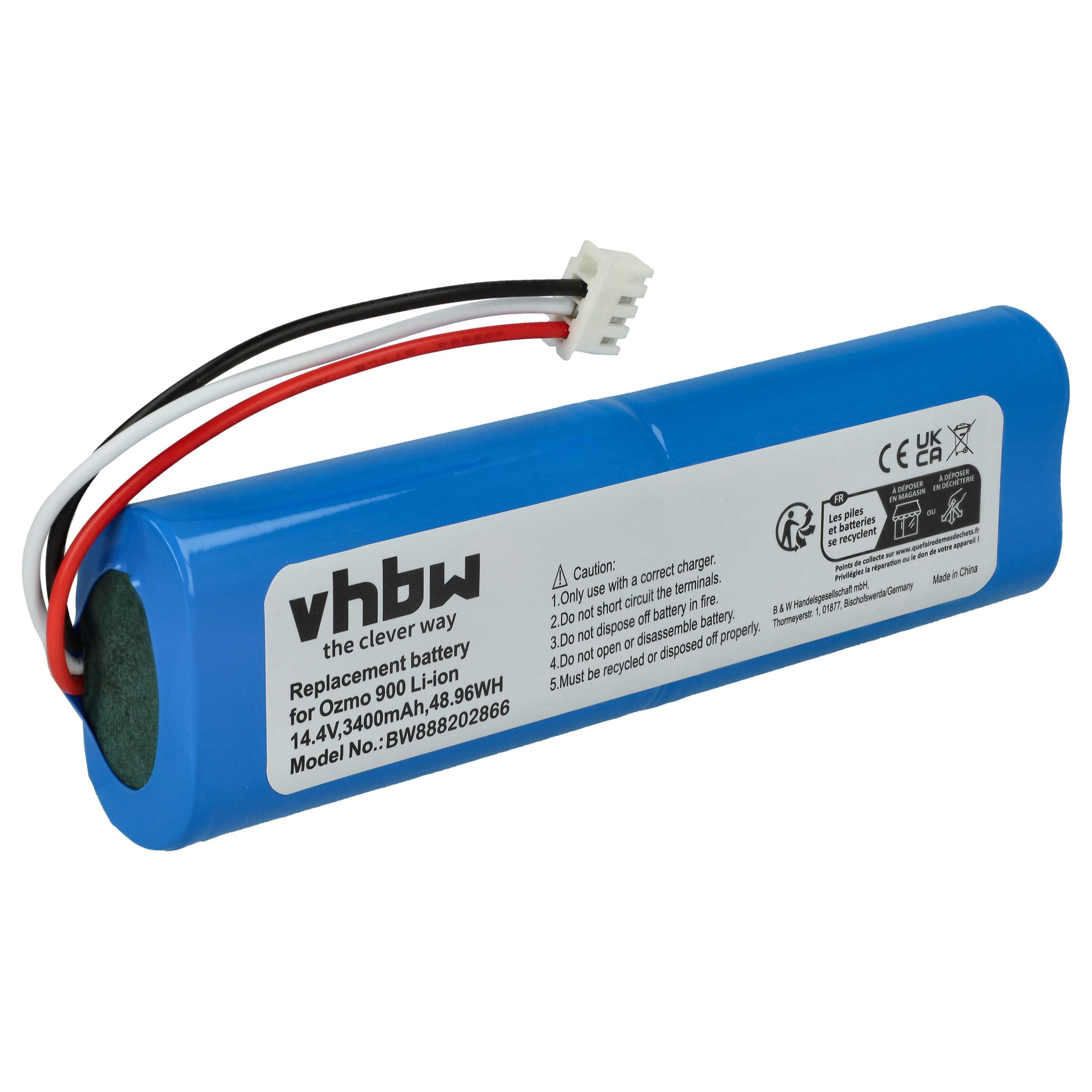Ein blauer Akku mit weißen, roten und schwarzen Drähten. Er hat einen weißen Stecker und Warnhinweise.
