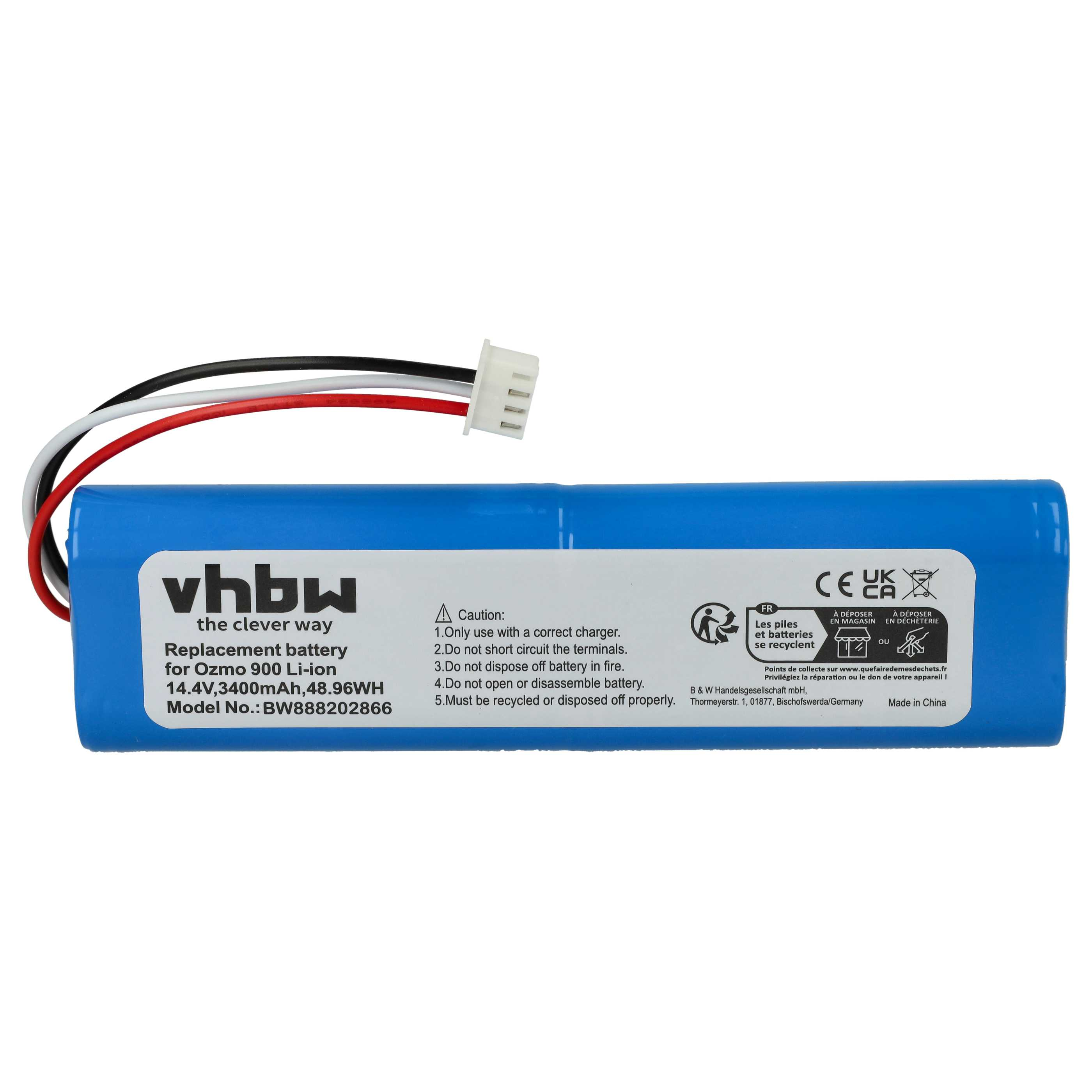 Blaue Batterie mit weißem Stecker und farbigen Drähten. Enthält Text: vhbw, Ersatzbatterie, Vorsichtshinweise und Recyclingsymbole.