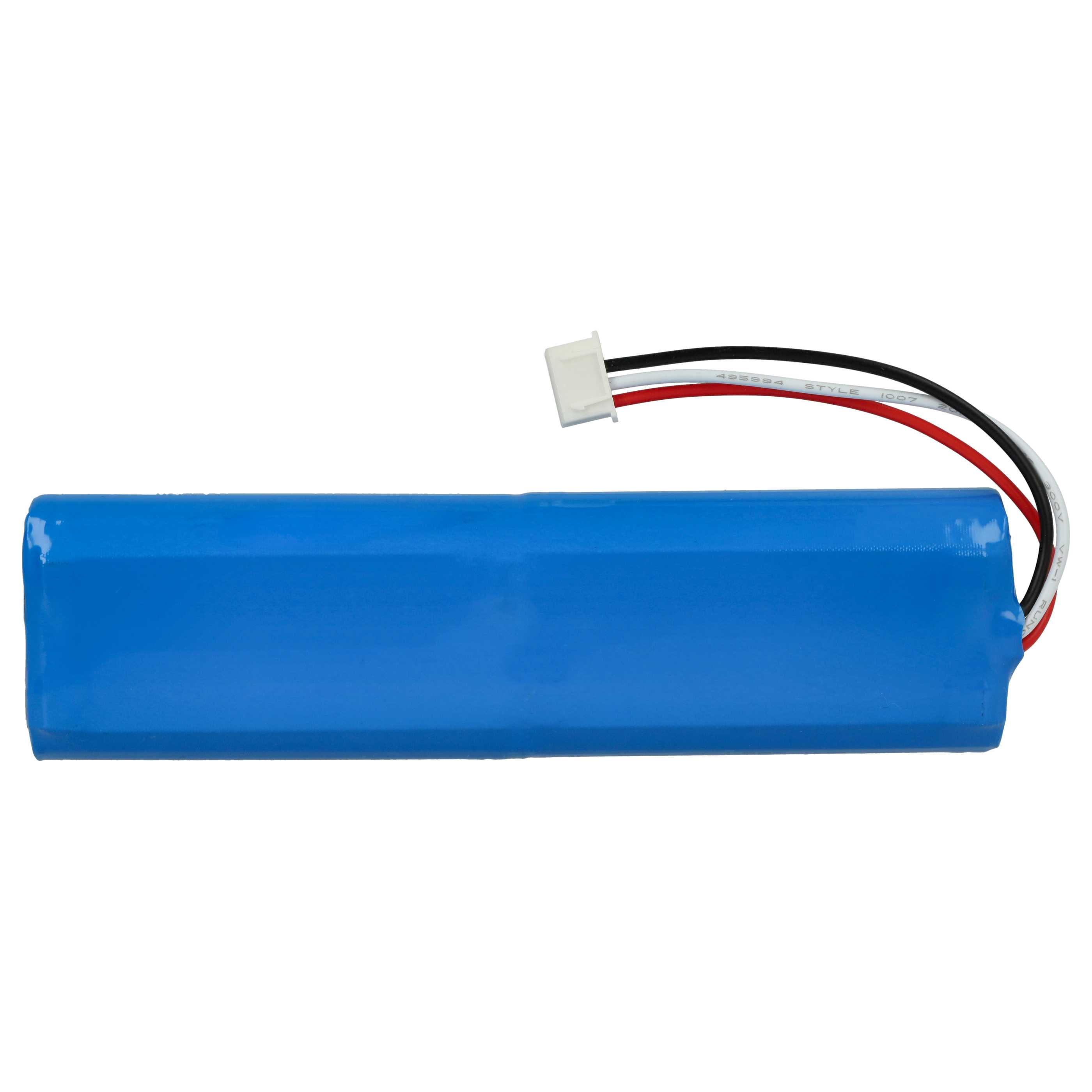 Ein blauer rechteckiger Akku mit weißen, schwarzen und roten Drähten, die an einem weißen Stecker befestigt sind.