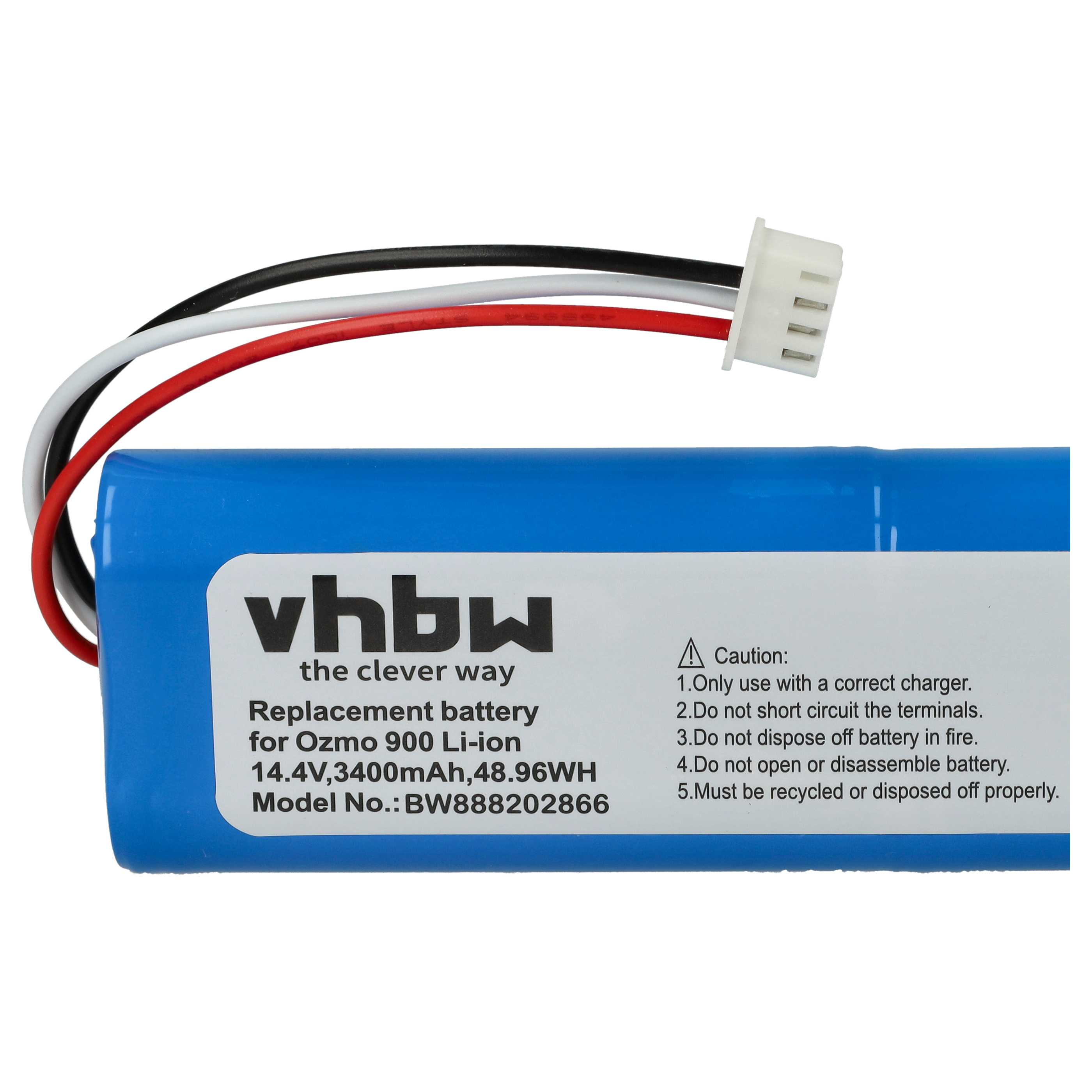 Ein blauer Akku mit weißen Drähten und einem Stecker. Auf dem Akku steht, dass er ein Ersatz für Ozmo 900 Li-ion ist.