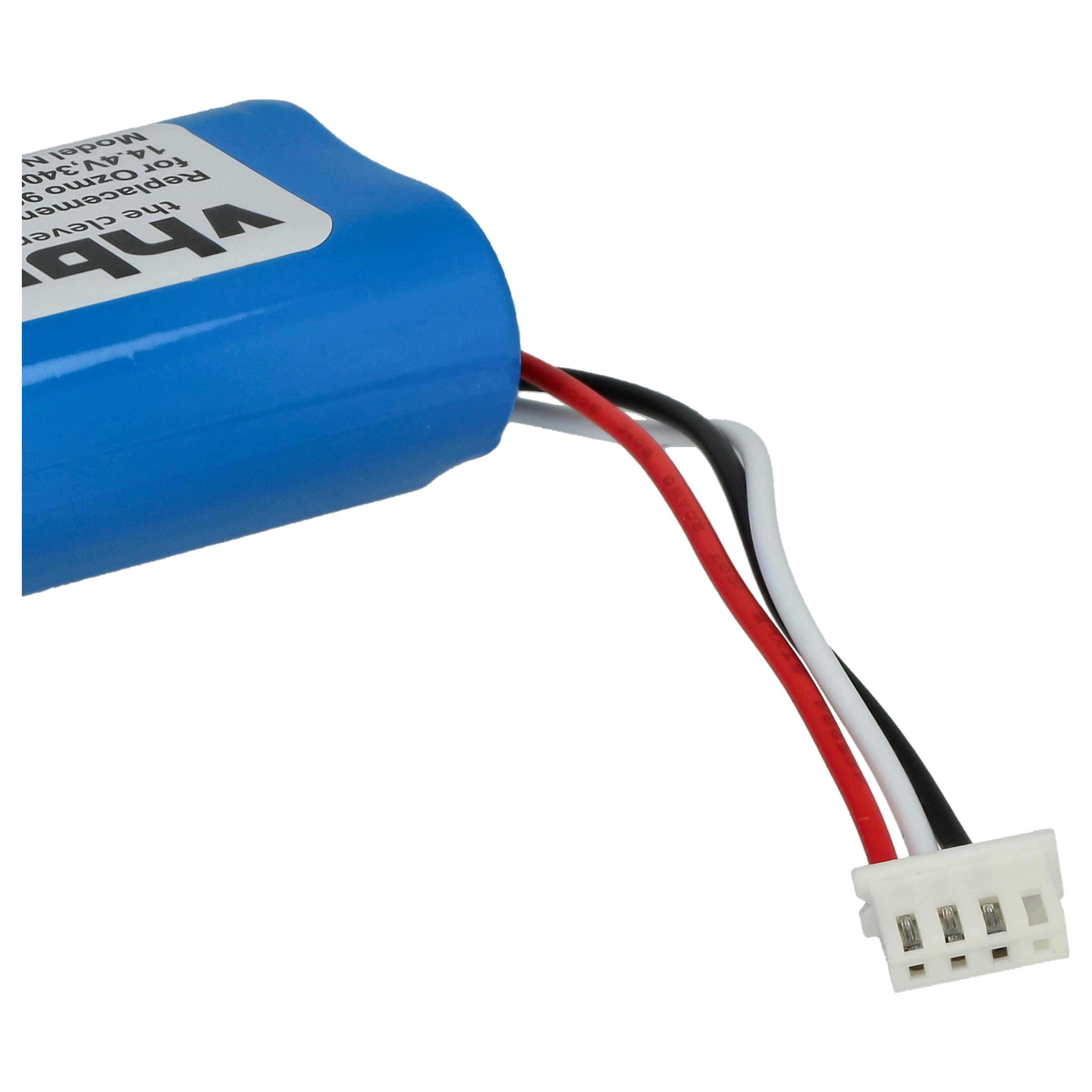 Eine blaue Batterie mit schwarzen, roten und weißen Drähten. Am Ende der Drähte befindet sich ein weißer Stecker.