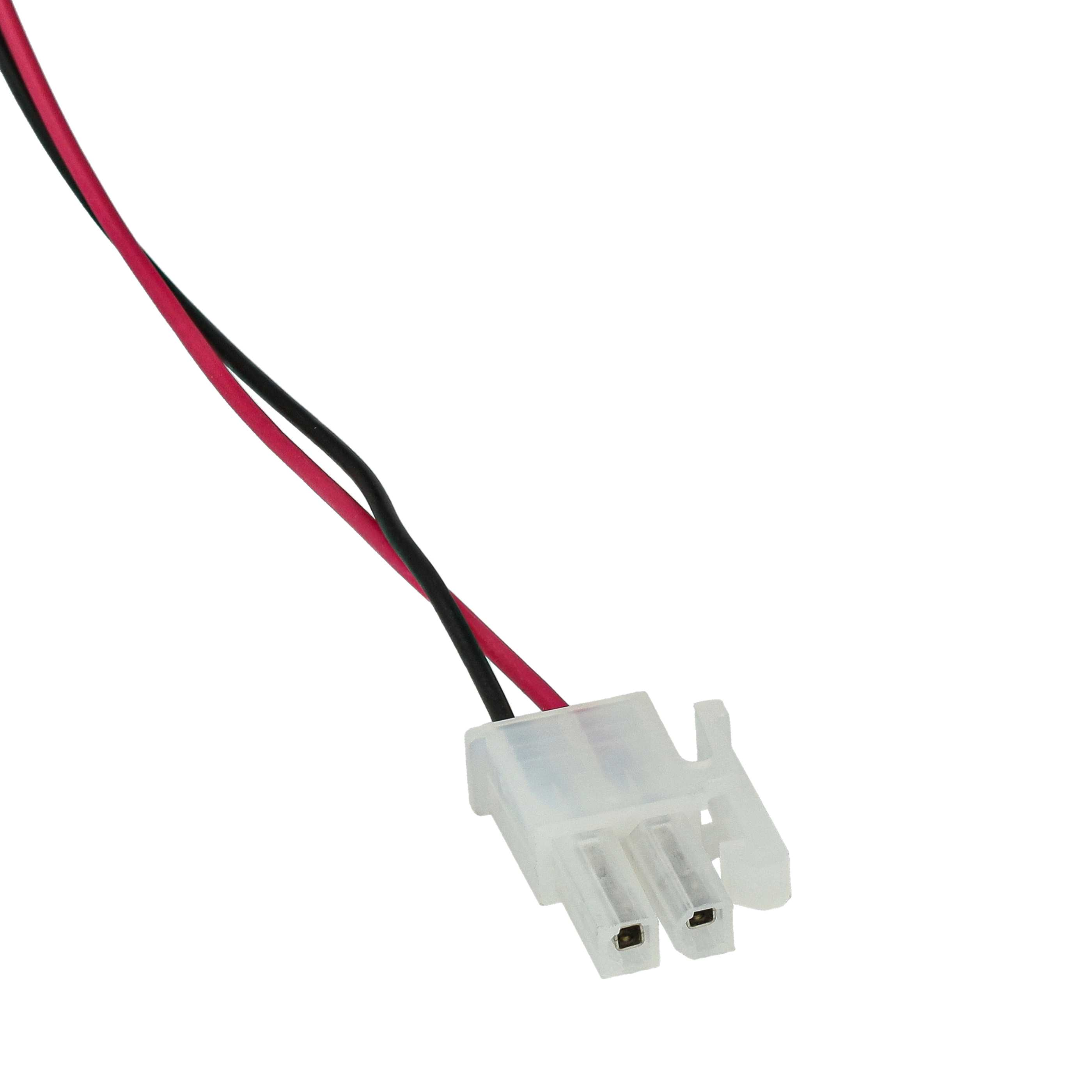Ein weißer elektrischer Stecker mit einem roten und schwarzen Draht. Der Hintergrund ist weiß.