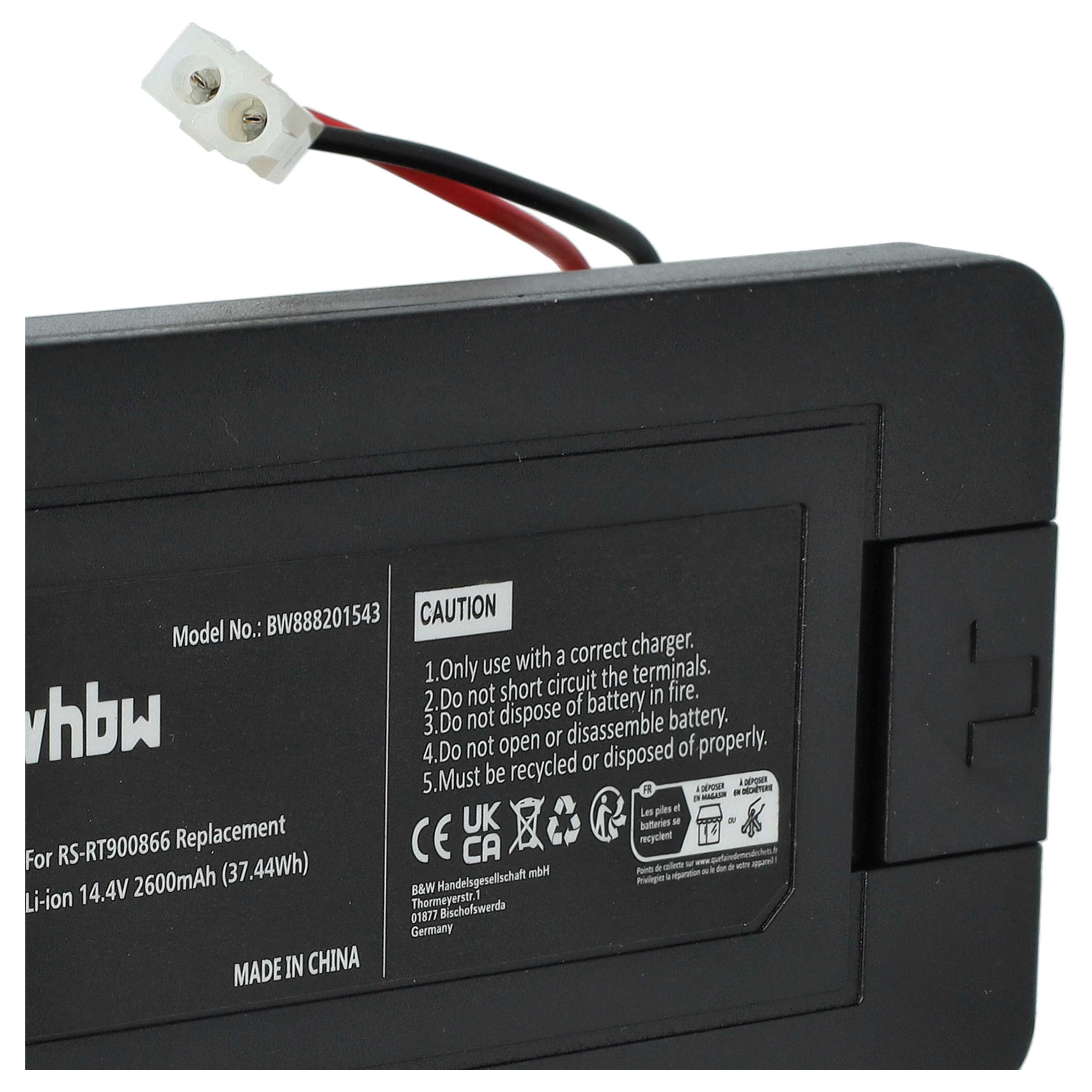 Ein schwarzes Akkupack mit weißem Stecker. Text enthält Modellnummer, Warnungen und Recycling-Symbole.