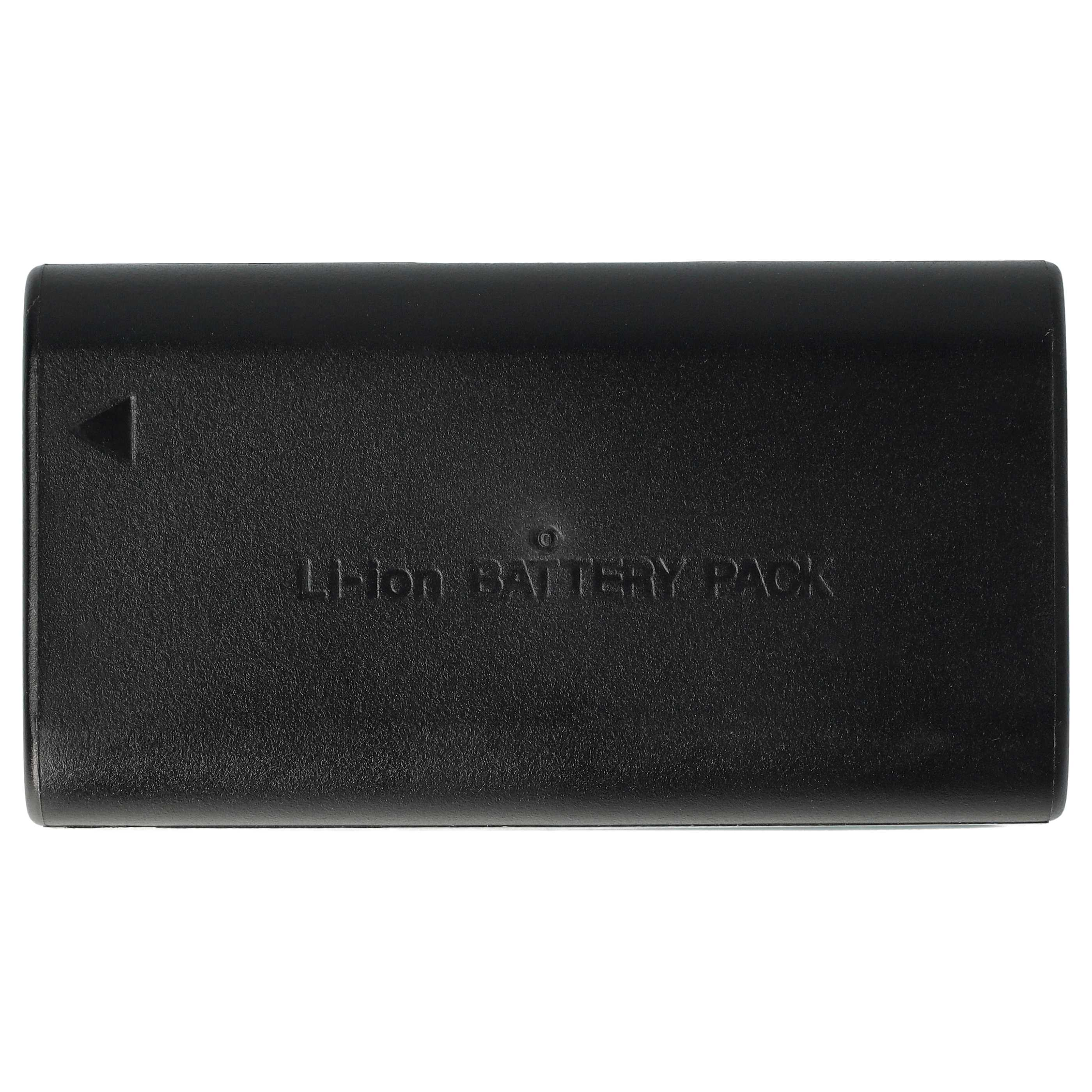 Ein schwarzes Li-Ionen-Akkupack mit Text darauf. Es hat ein Dreieck und einen Kreis geprägt.