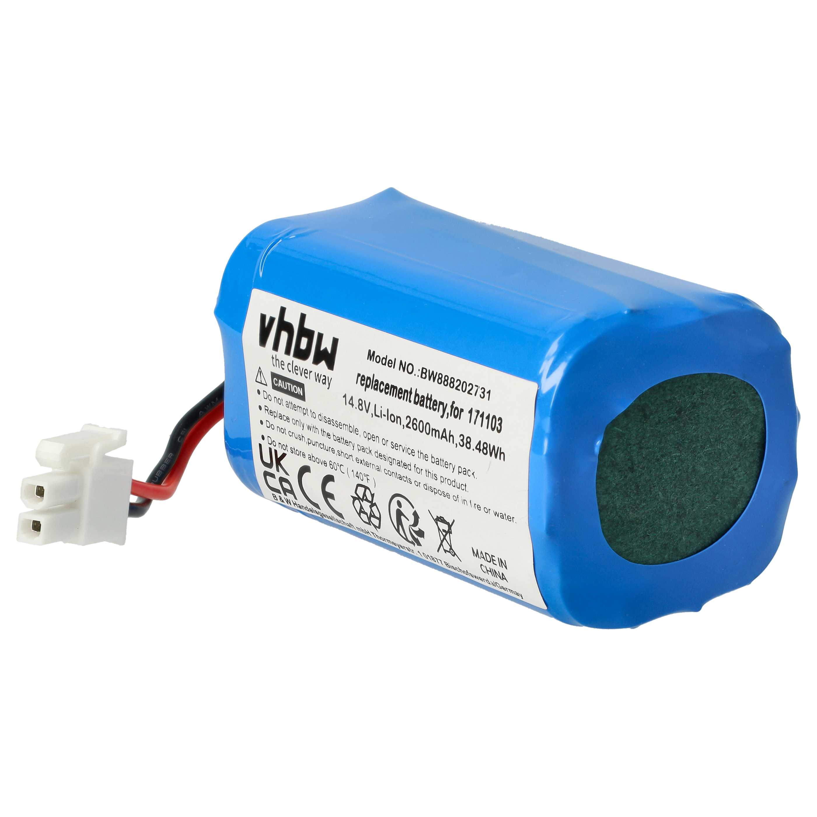 Ein blauer Akku mit weißem Stecker. Es hat ein Etikett mit Text und Warnhinweisen.