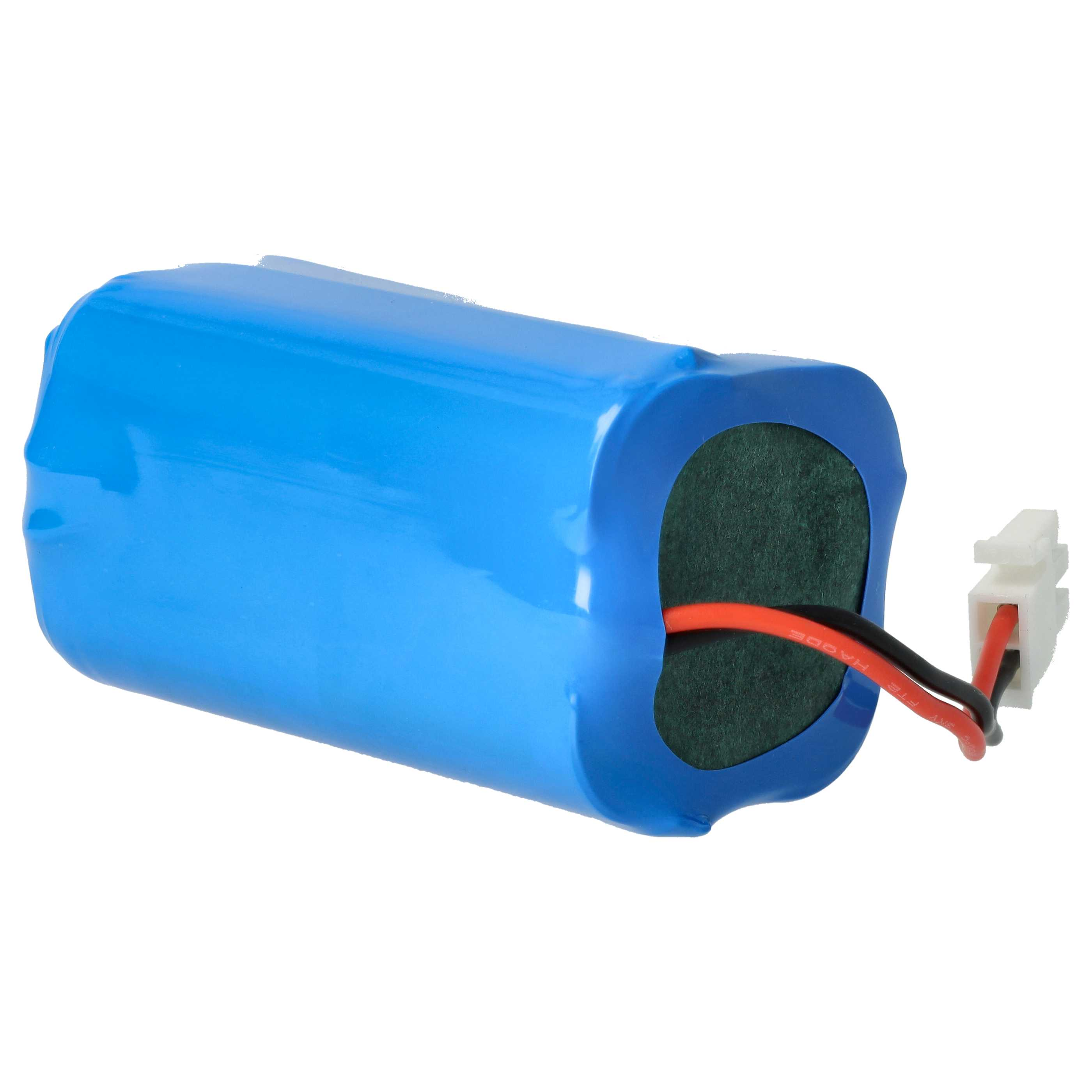 Ein blauer Akku mit Drähten und einem weißen Stecker. Der Akku ist zylindrisch. Drähte sind rot und schwarz.