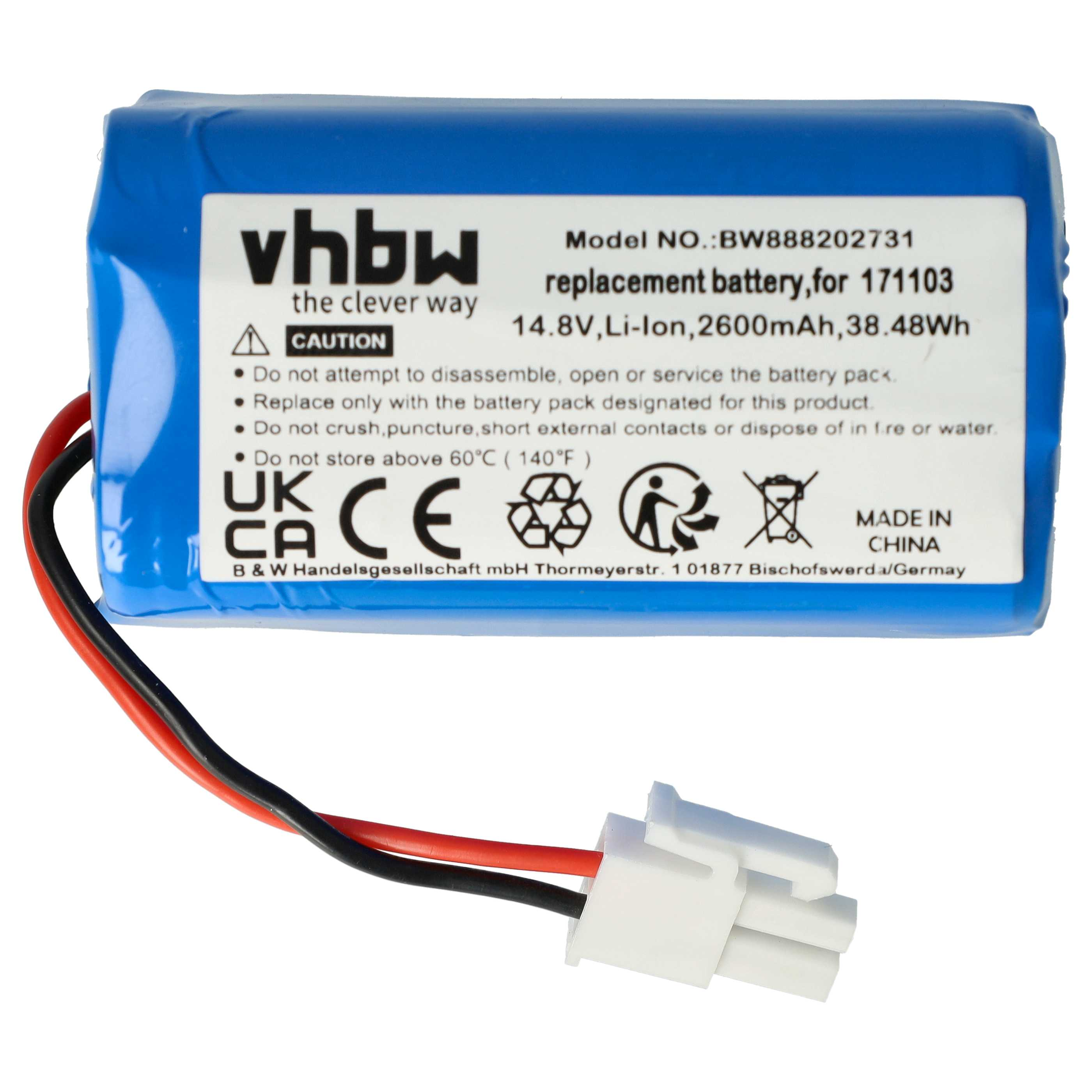 Ein blauer Akku mit schwarzen und roten Drähten und einem weißen Stecker. Er trägt die Aufschrift vhbw, 14,8 V, Li-Ion und WARNHINWEISE.