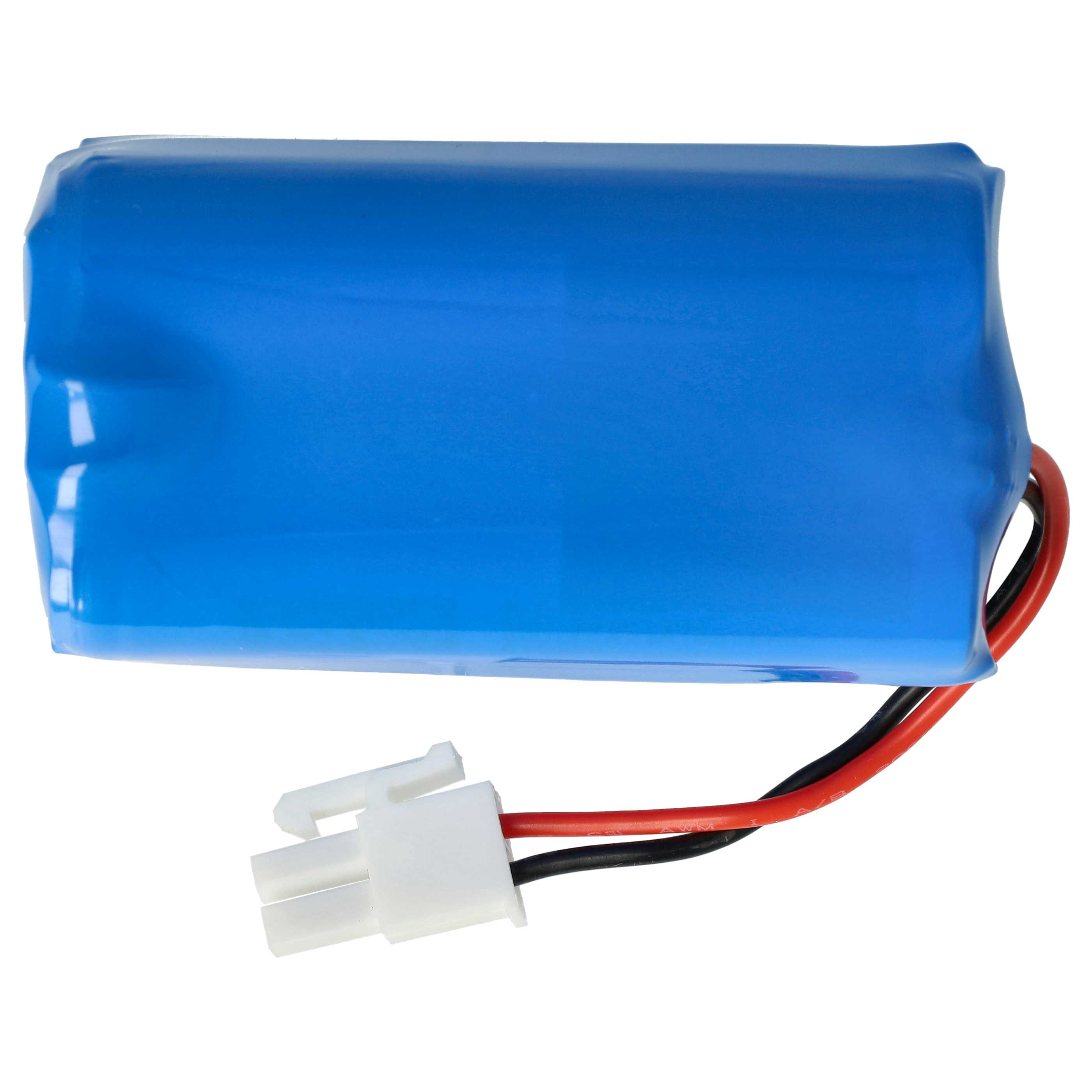 Ein blauer Akku mit roten und schwarzen Drähten und einem weißen Stecker. Der Hintergrund ist weiß.