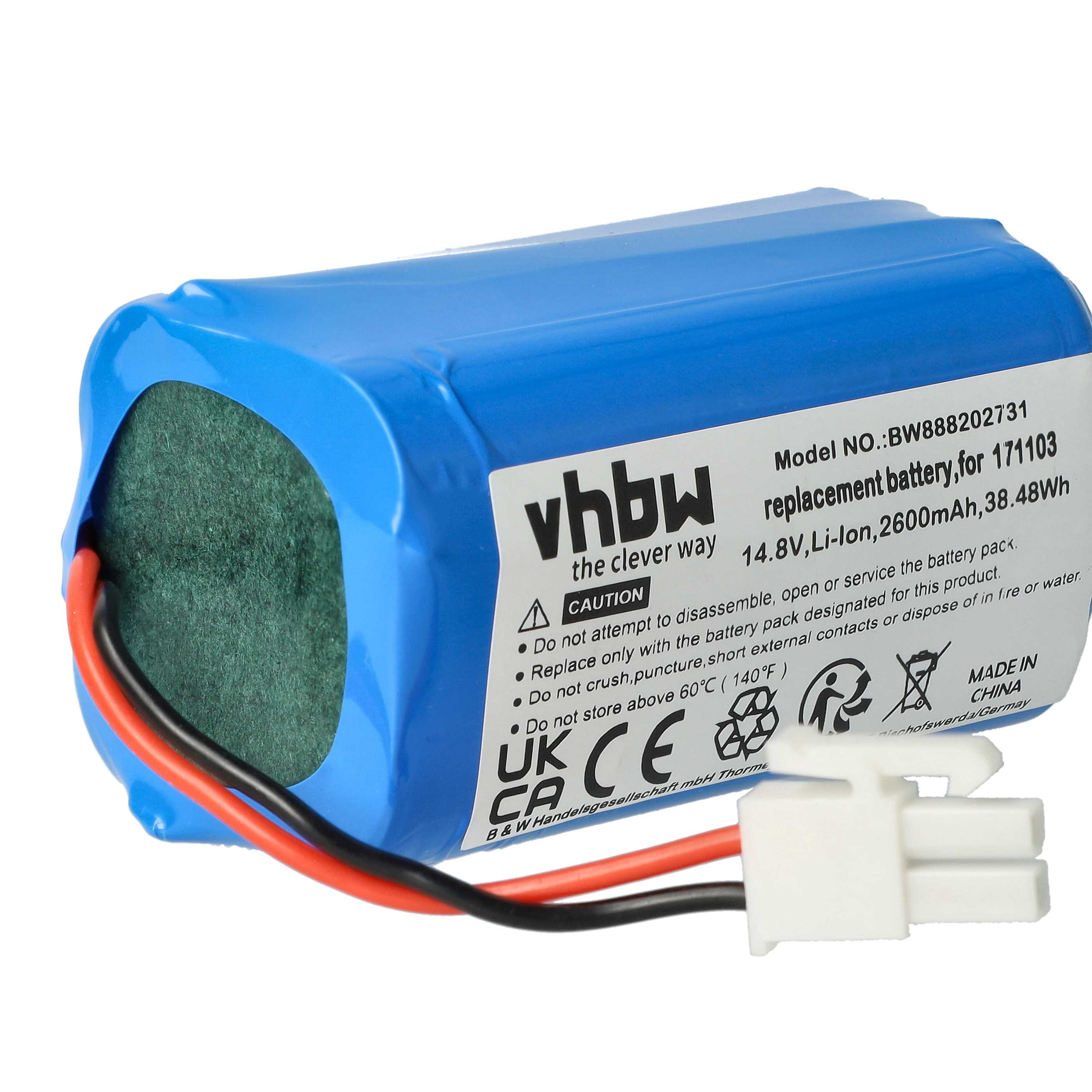 Ein blauer Akku mit schwarzen und roten Drähten und einem weißen Stecker. Er hat eine grüne Oberseite und ein weißes Etikett.