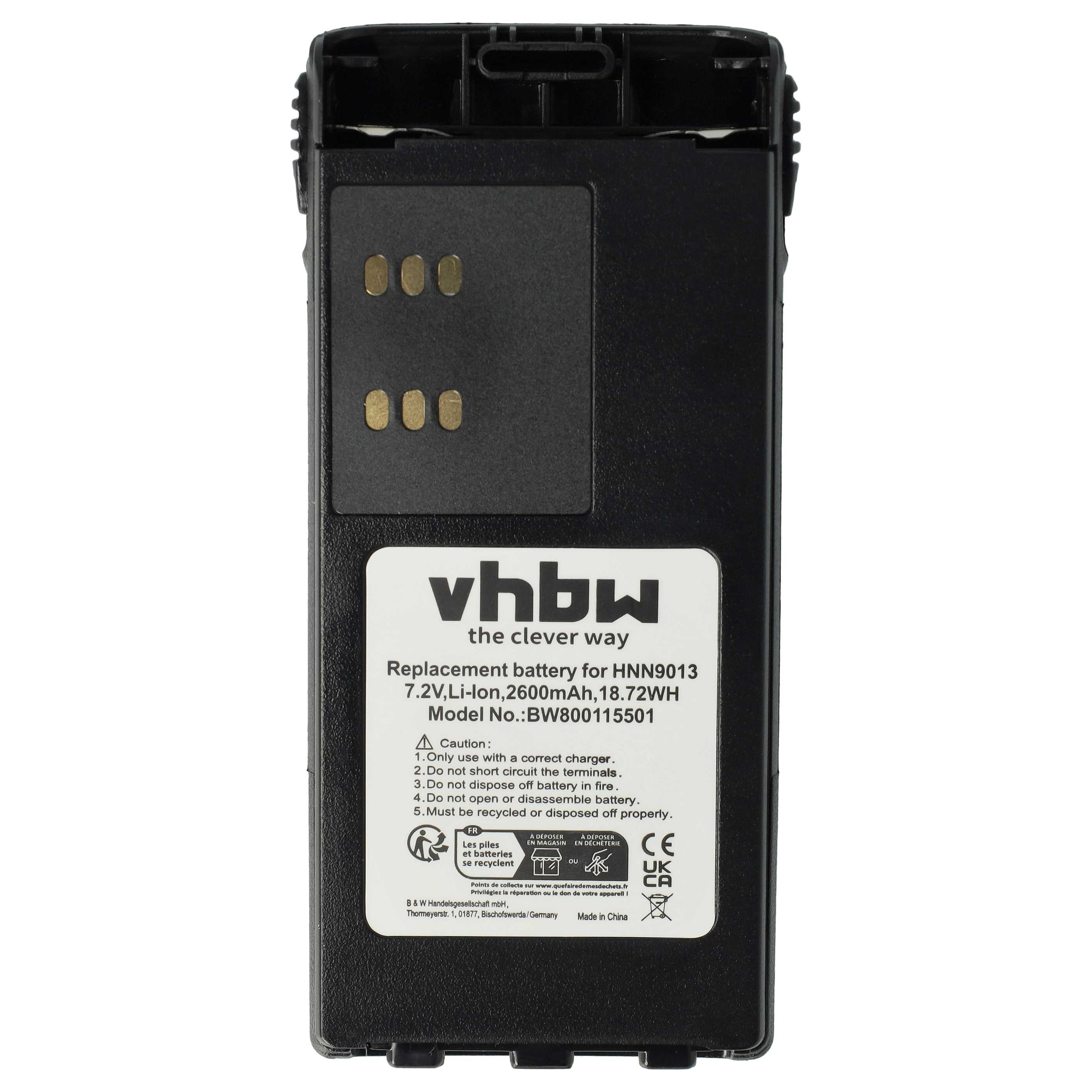 Schwarzer Akku mit weißem Etikett. Text: vhbw, Ersatzbatterie, 7,2 V, Li-Ion, 2600 mAh, 18,72 Wh, Modell BW800115501.