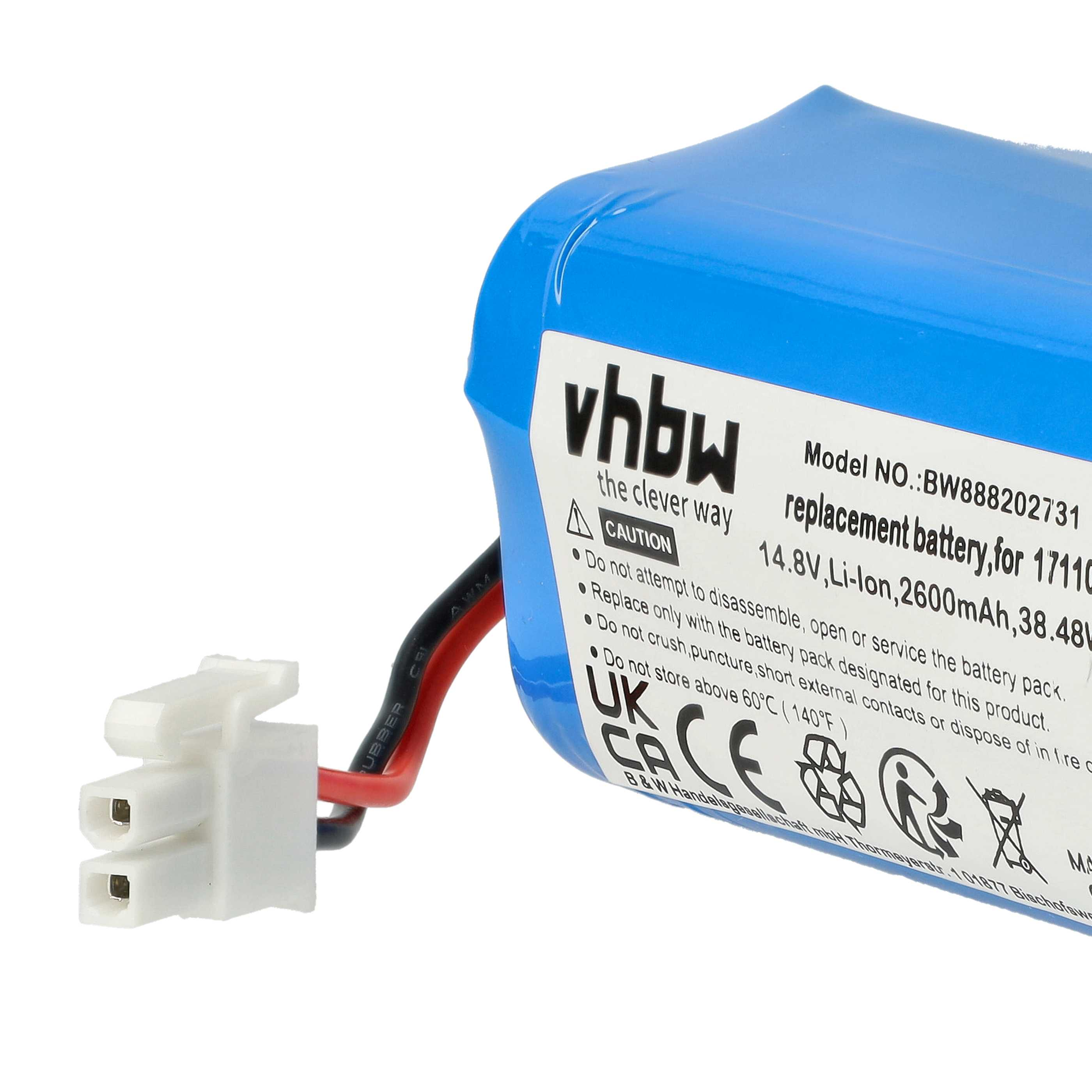 Ein blauer Akku mit weißem Text und einem weißen Stecker. Es sind schwarze und rote Drähte befestigt.
