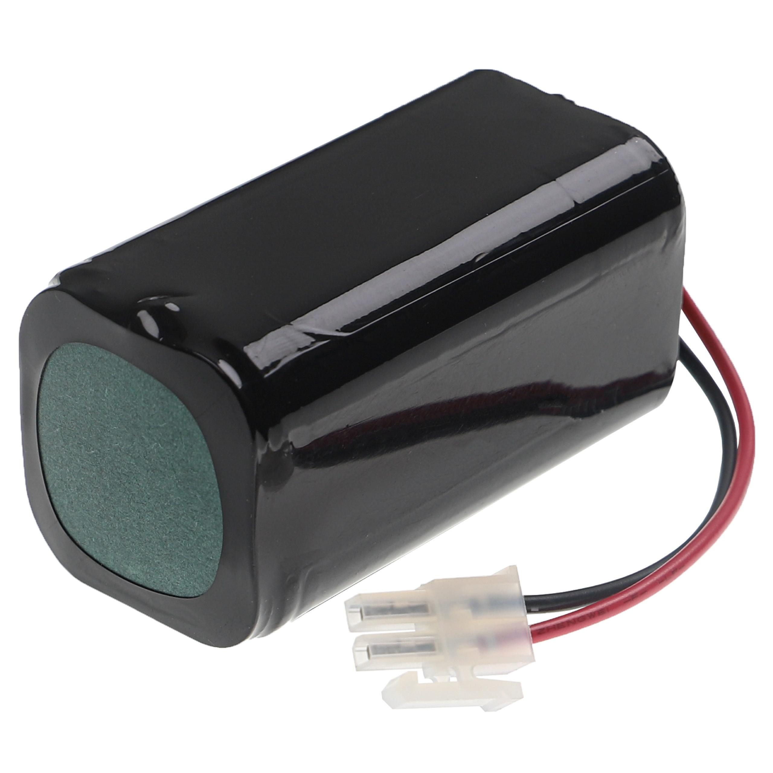 Ein schwarzer Akku mit weißem Stecker. Rote und schwarze Drähte befestigt. Grünes Kreiselende.
