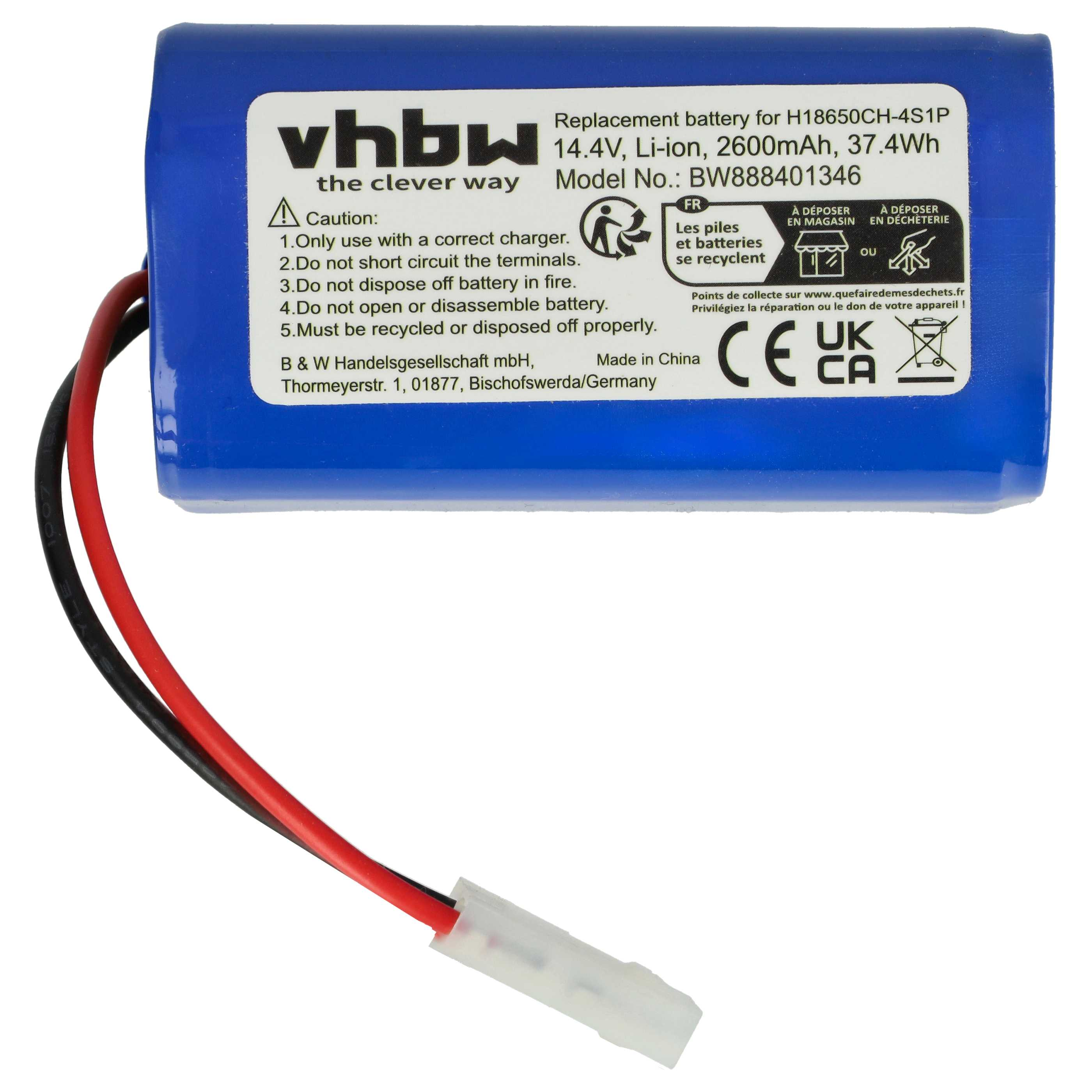 Ein blauer Akku mit roten und schwarzen Drähten. Der Text enthält 'Ersatzbatterie', '14,4V' und Recyclingsymbole.