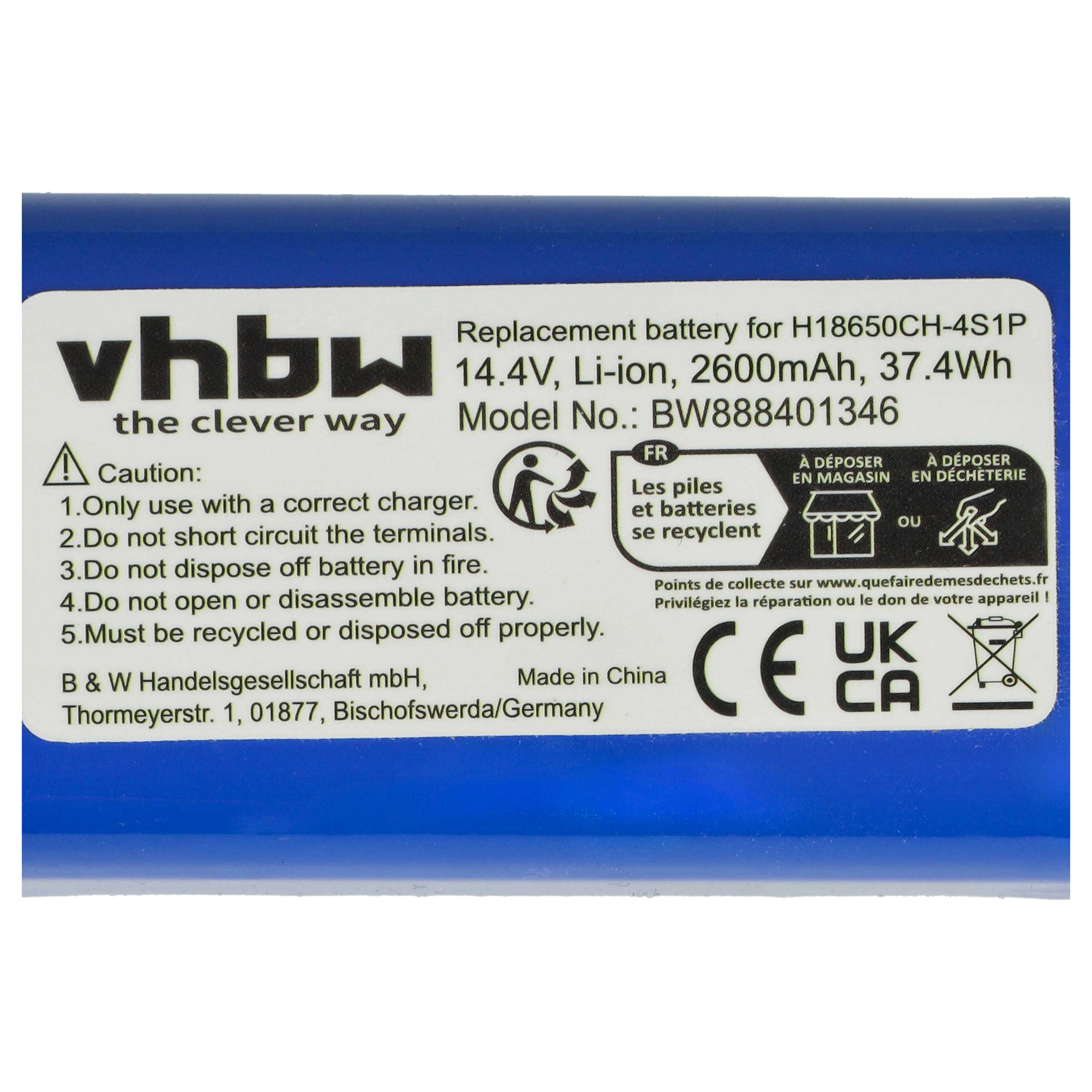 Ein blaues Batterieetikett mit Text und Symbolen. Es enthält Anweisungen, Warnungen und Recycling-Informationen.