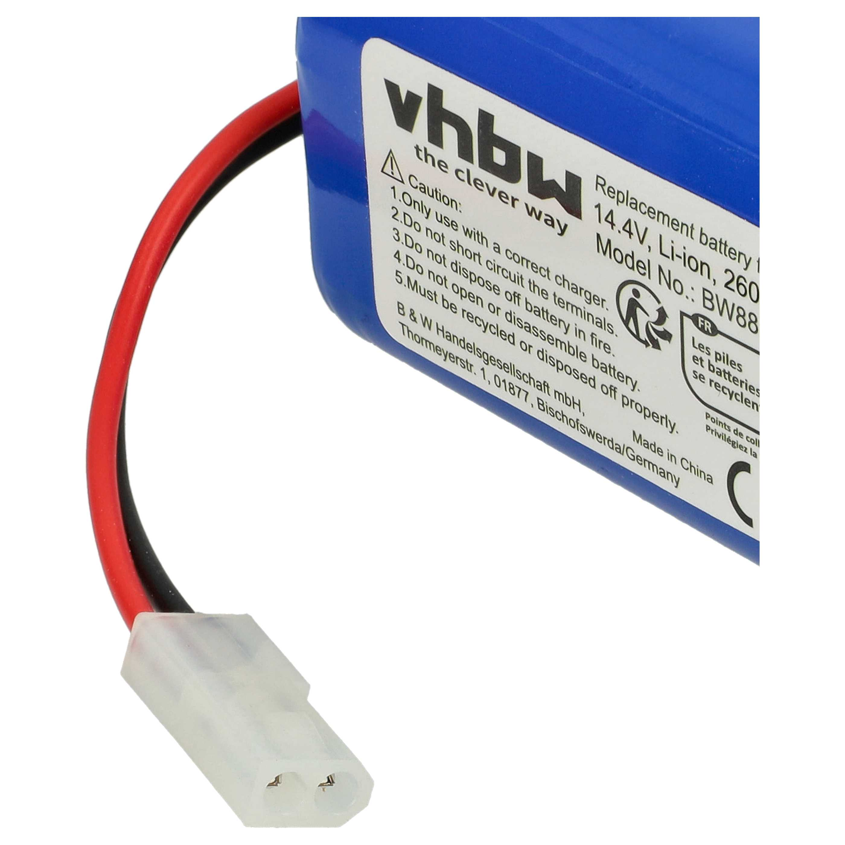 Ein blauer Akku mit einem rot-schwarzen Draht und einem weißen Stecker. Text auf dem Akku lautet 'vhbw, Ersatzbatterie'.