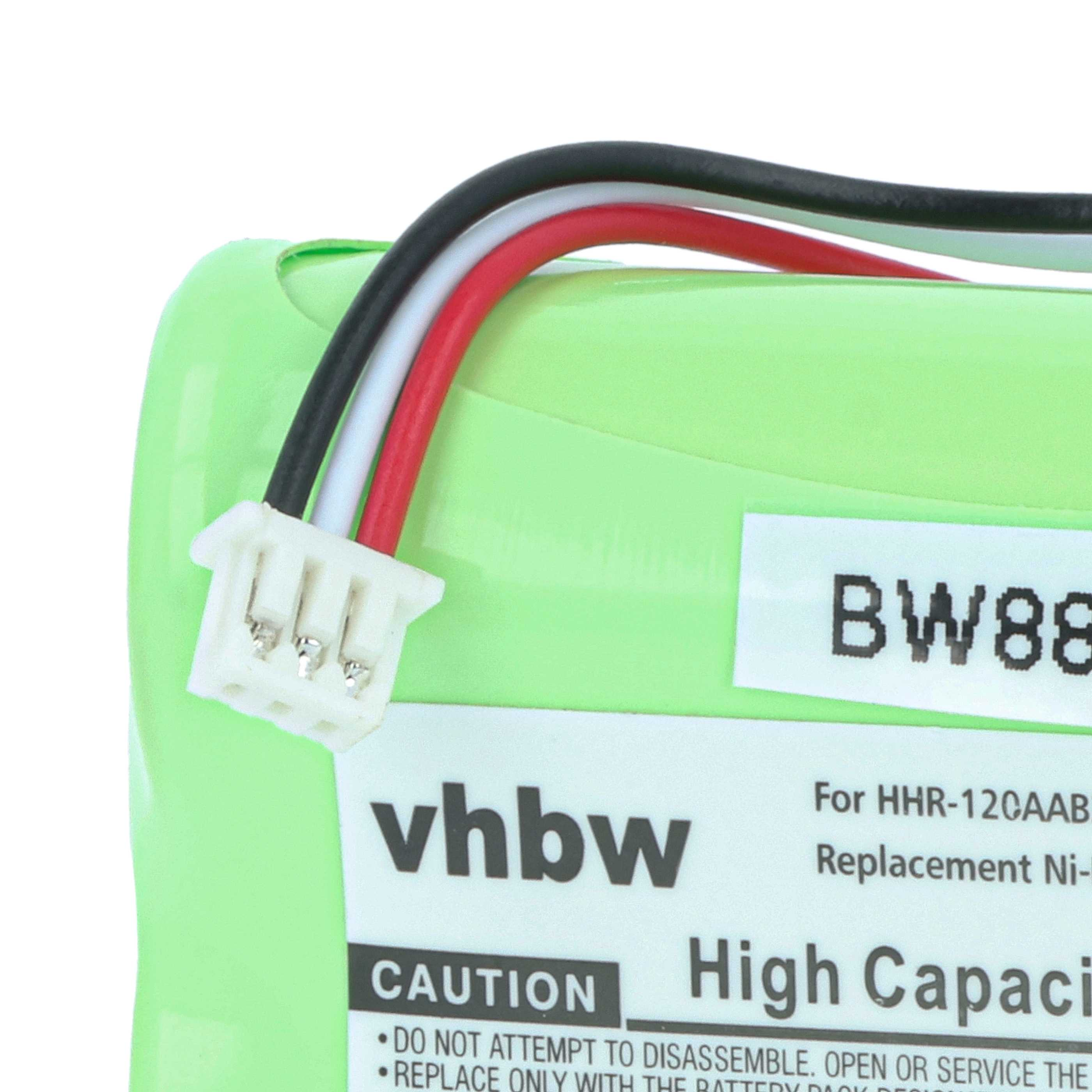Ein grüner Akku mit schwarzen, weißen und roten Drähten, die mit einem weißen Stecker verbunden sind. Text auf dem Akku enthält 'vhbw' und 'High Capacity'.