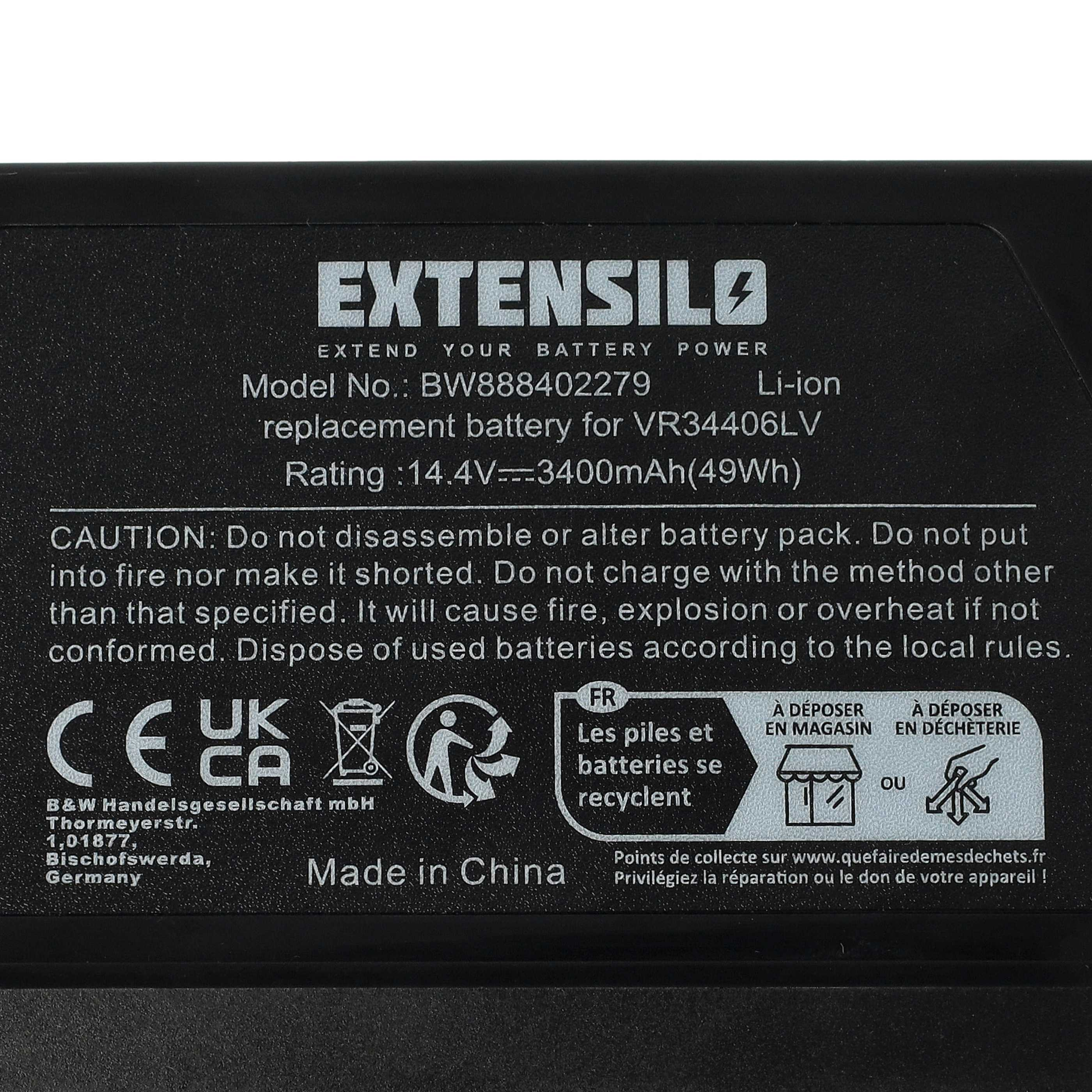 Schwarzes Batterieetikett mit weißem Text: EXTENSILE, Modellinfos und Warnungen. Enthält Recyclingsymbole und Made in China.
