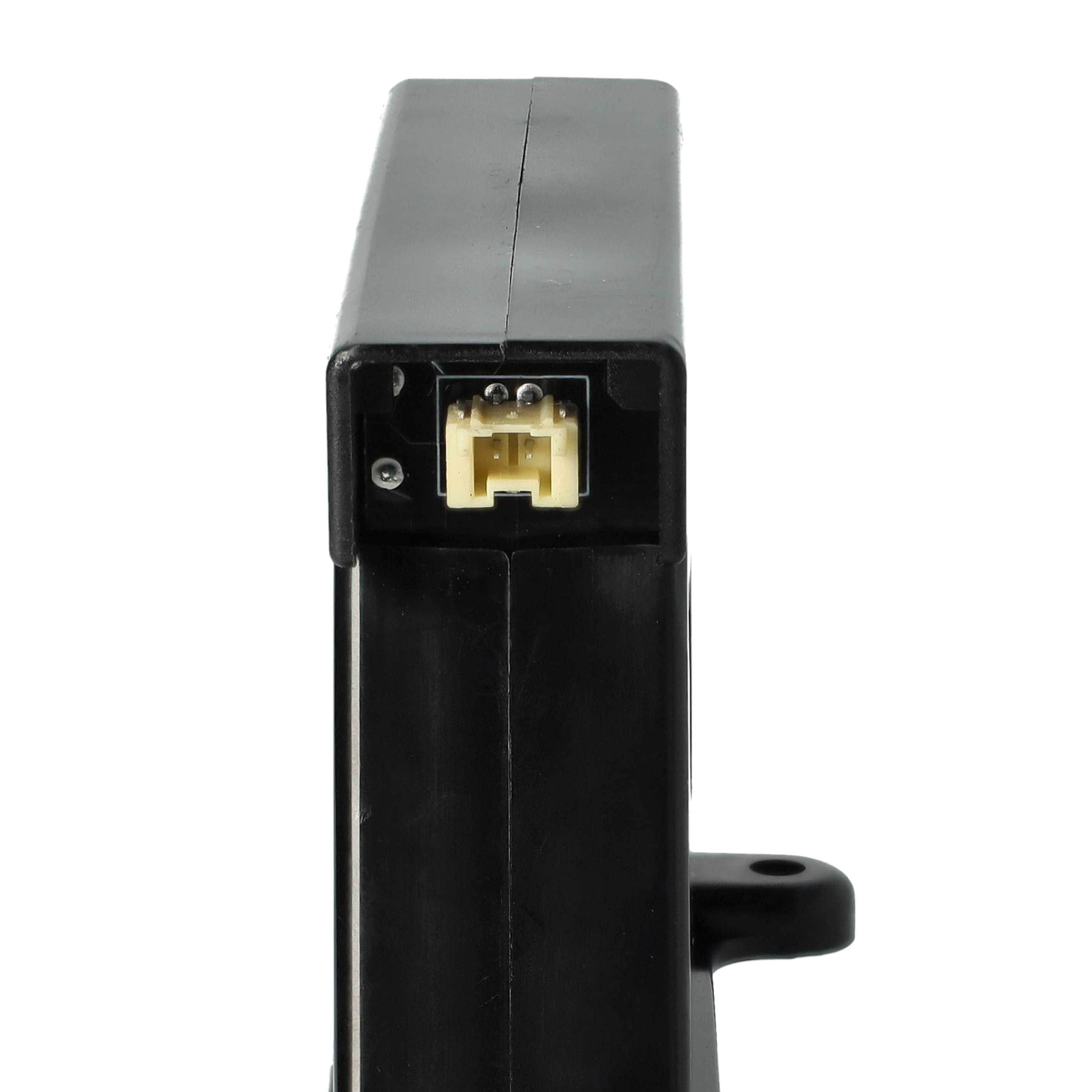 Ein schwarzes rechteckiges elektronisches Bauteil mit einem beigefarbenen Stecker und einer Halterung vor weißem Hintergrund.