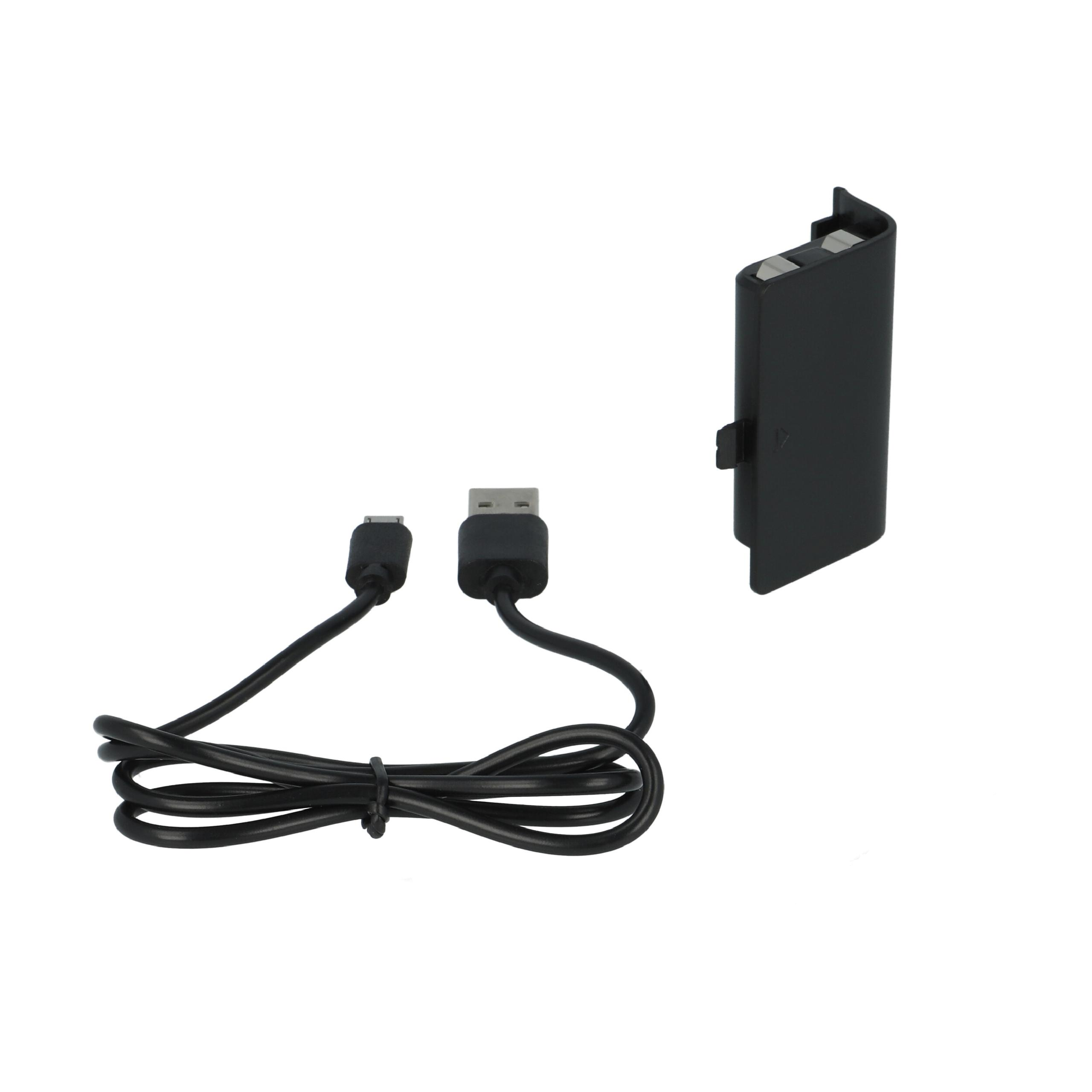 Schwarzer Xbox-Akku und Ladekabel auf weißem Hintergrund. Kabel hat USB- und Micro-USB-Enden.