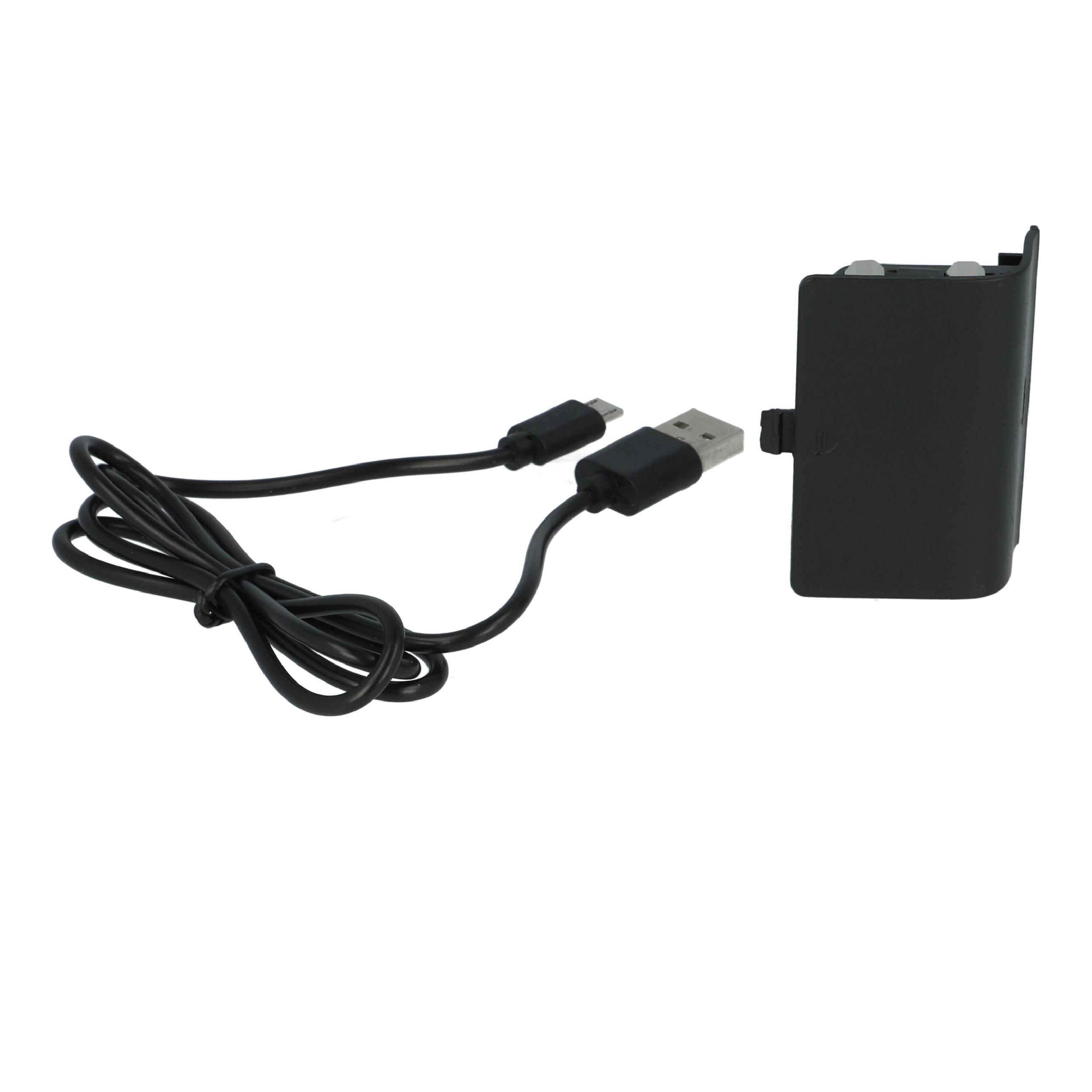 Schwarzer Akku und USB-Kabel auf weißem Hintergrund. Kabel ist gebogen. Akku ist rechts.