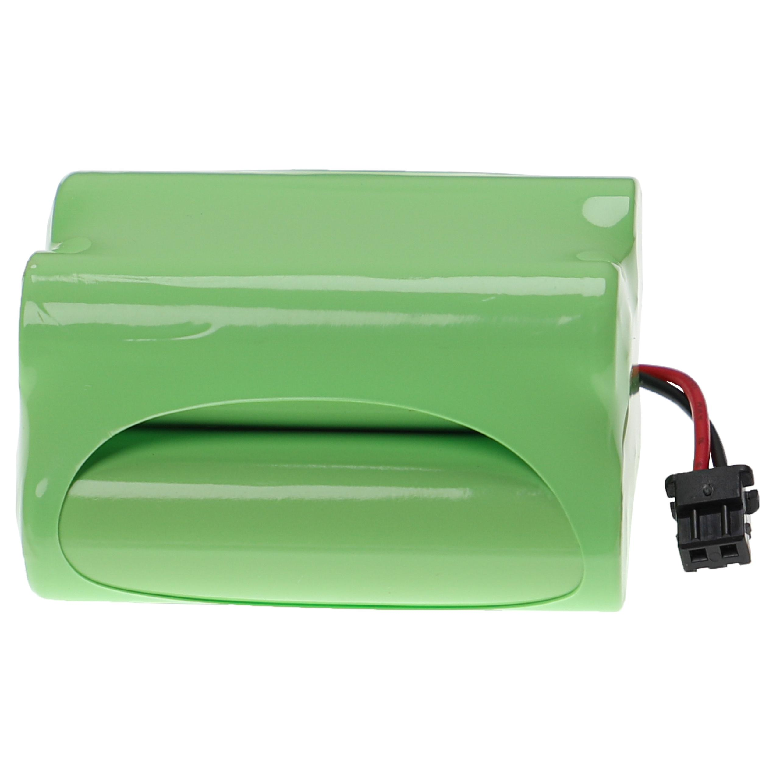 Ein grünes Batteriepack mit einem schwarzen Stecker und roten und schwarzen Drähten. Der Hintergrund ist weiß.