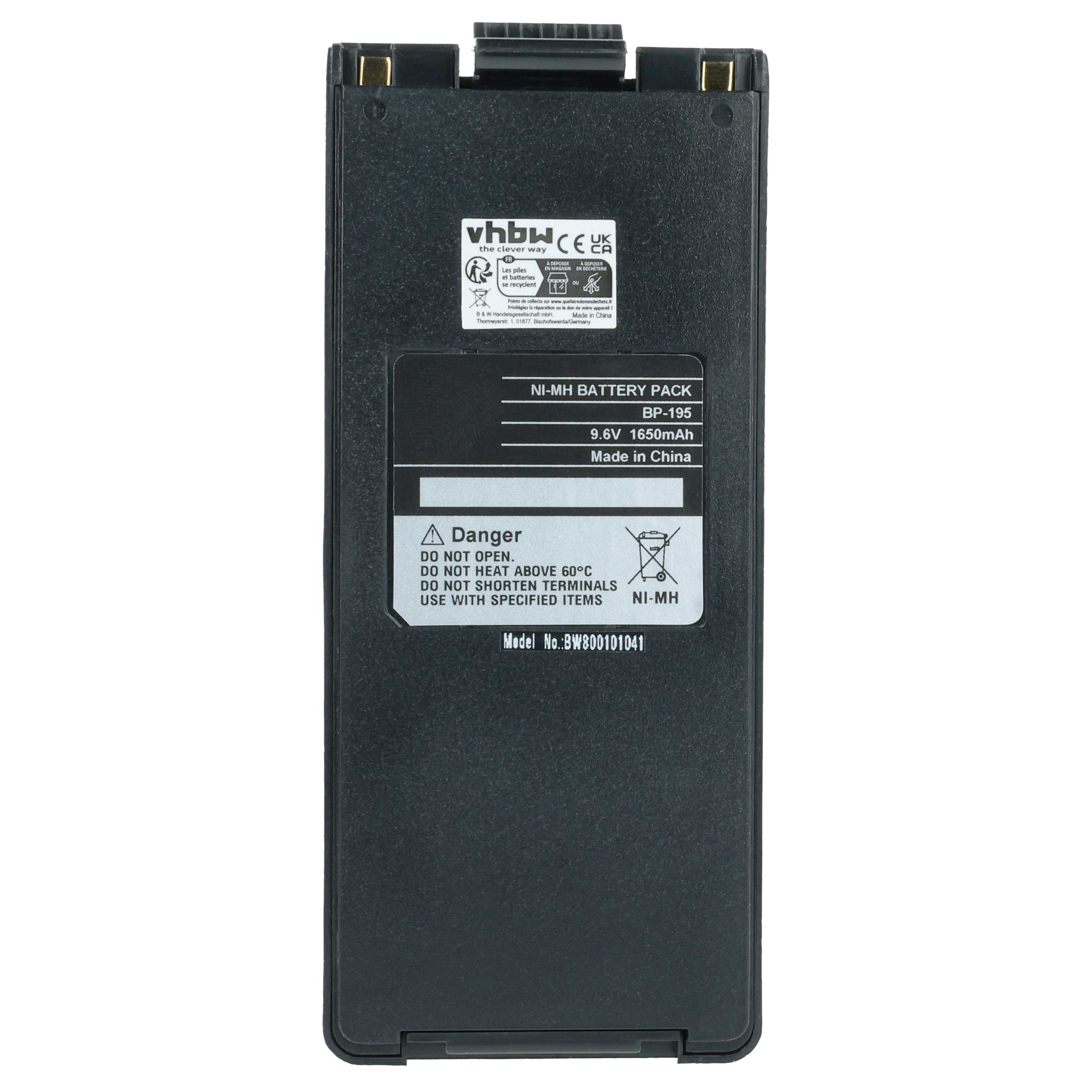 Schwarzes Akkupack mit der Aufschrift 'NI-MH BATTERY PACK BP-195'. Es enthält Warnhinweise und Herstellerangaben.