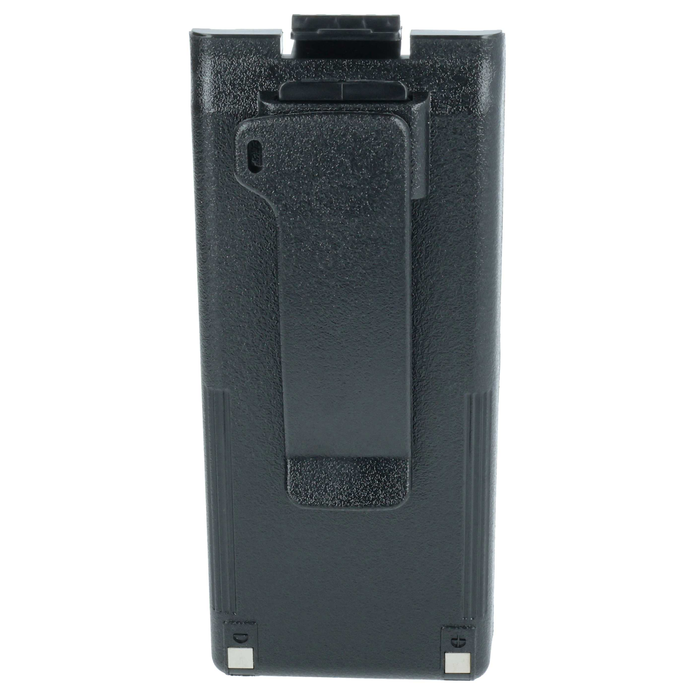Ein schwarzes, rechteckiges Objekt mit Gürtelclip. Es hat eine strukturierte Oberfläche und weißen Hintergrund.