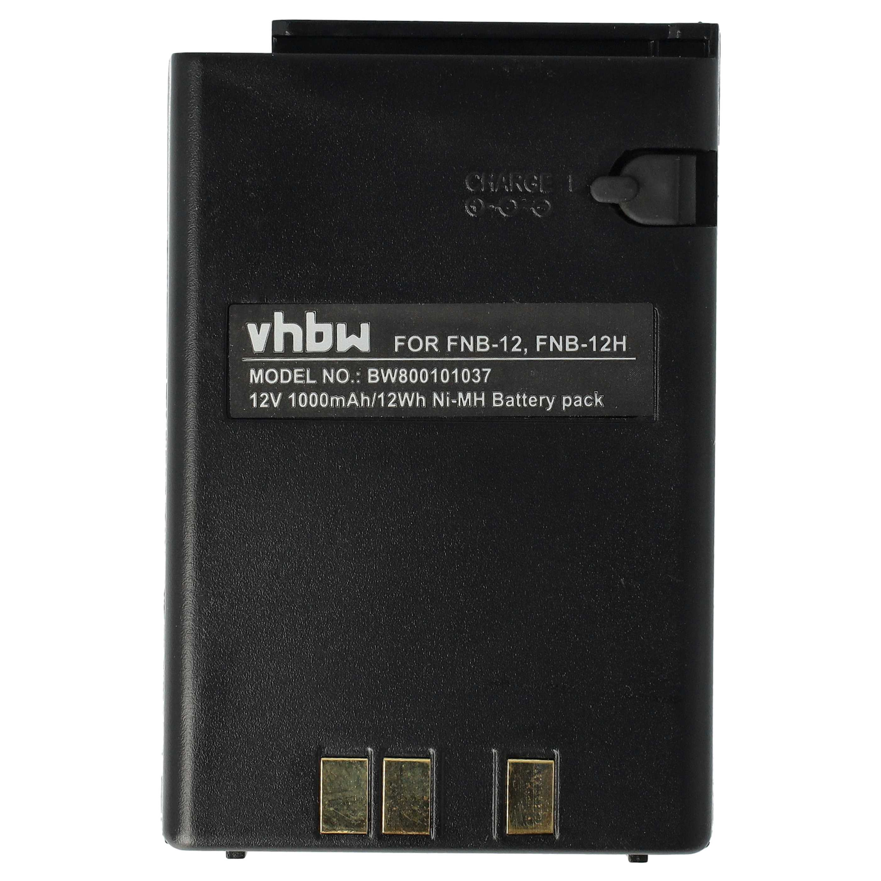 Schwarzer Akku mit Text: vhbw, FOR FNB-12, FNB-12H, 12V 1000mAh/12Wh Ni-MH Battery pack. Hat goldene Kontakte.